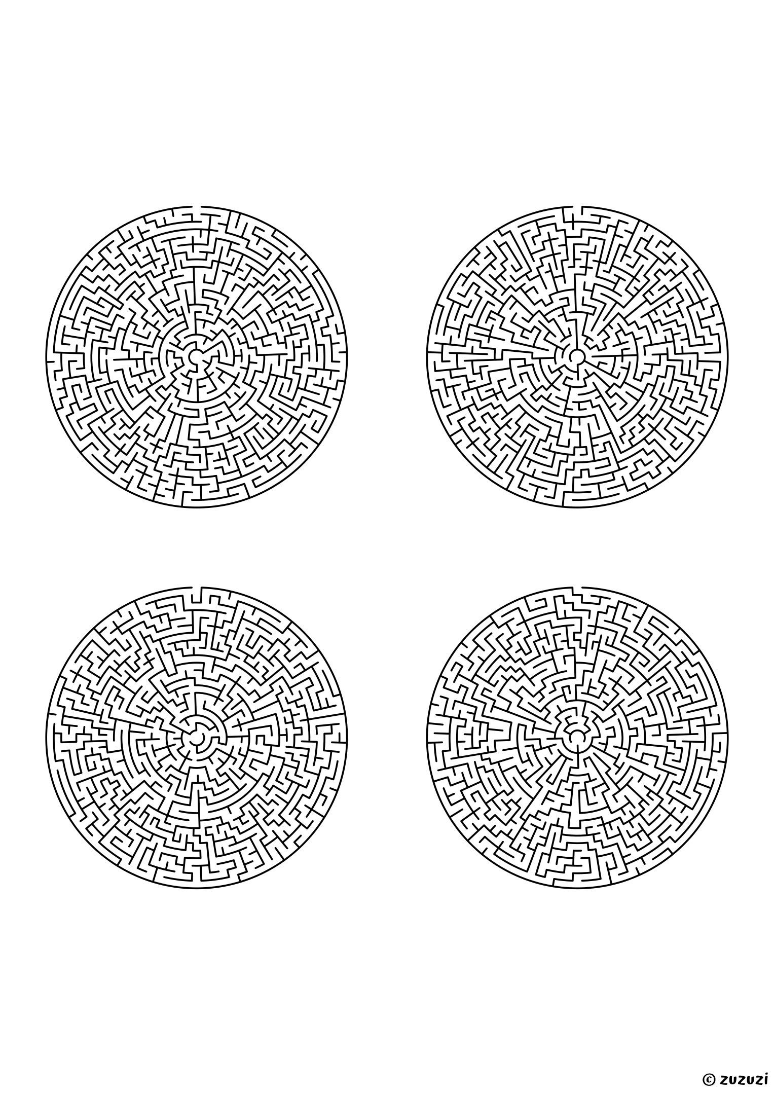 Legendary circular mazes, black-and-white lines, designed for fearless puzzle masters. 4 mazes per page, variant 3.