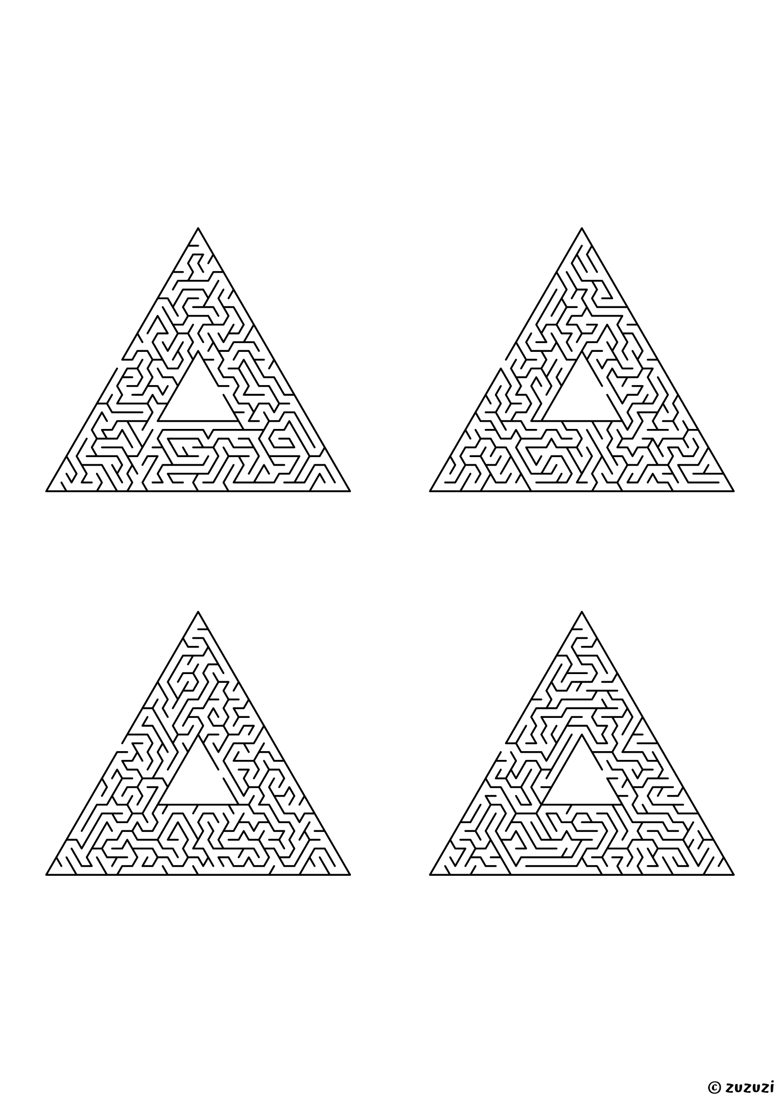 Legendary triangular mazes, black-and-white lines, designed for fearless puzzle masters. 4 mazes per page, variant 2.