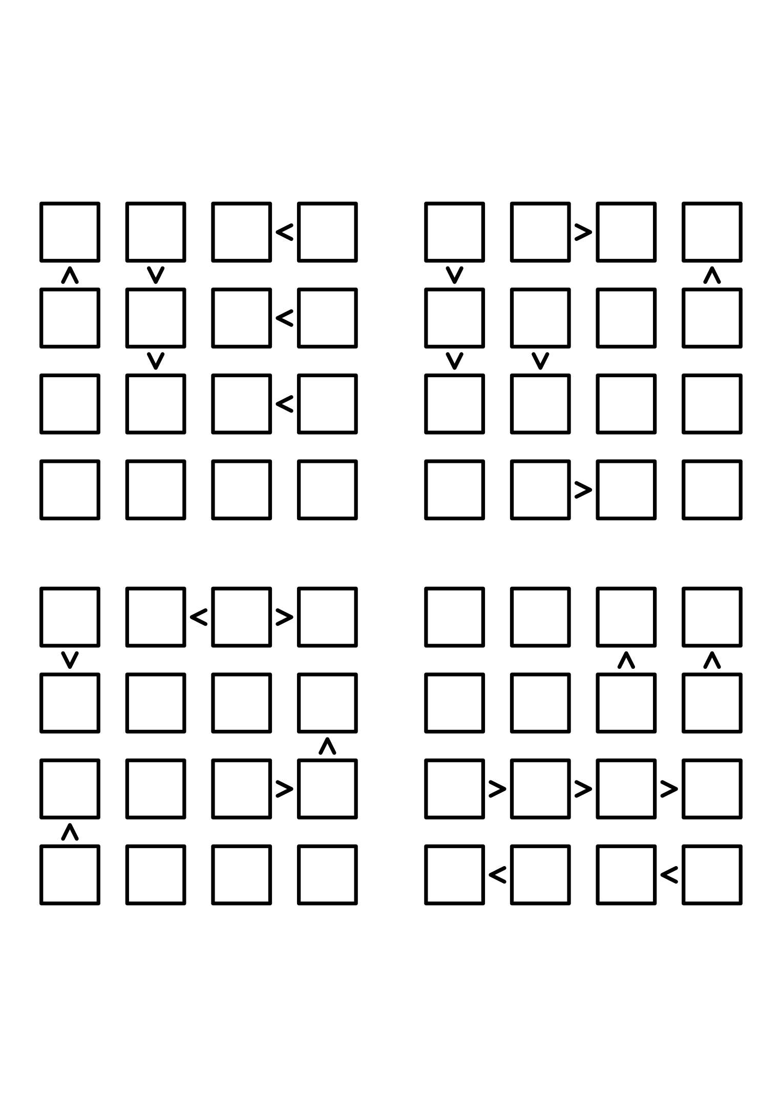 Four medium 4x4 futoshiki grids with few or no given digits and the signs that decide them. Level: Medium, 4 puzzles per page. Variant 1.