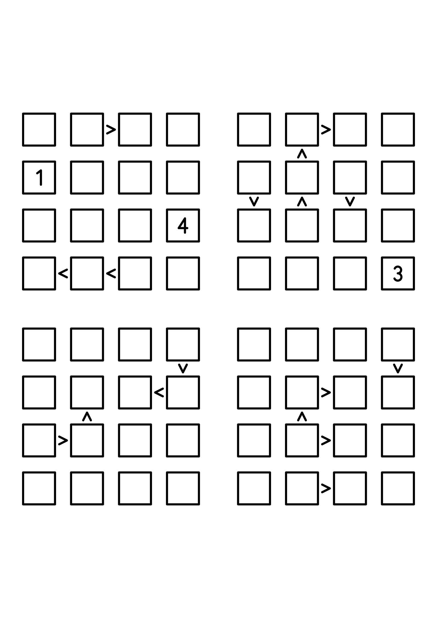 Four medium 4x4 futoshiki grids with few or no given digits and the signs that decide them. Level: Medium, 4 puzzles per page. Variant 2.