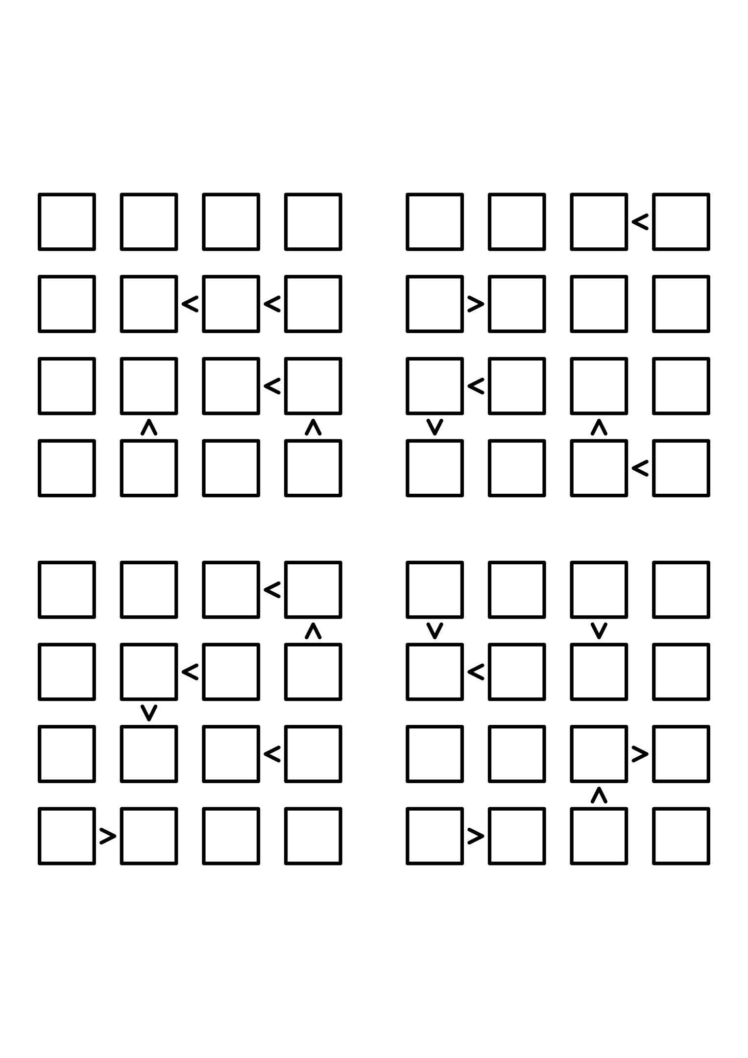 Four medium 4x4 futoshiki grids with few or no given digits and the signs that decide them. Level: Medium, 4 puzzles per page. Variant 3.