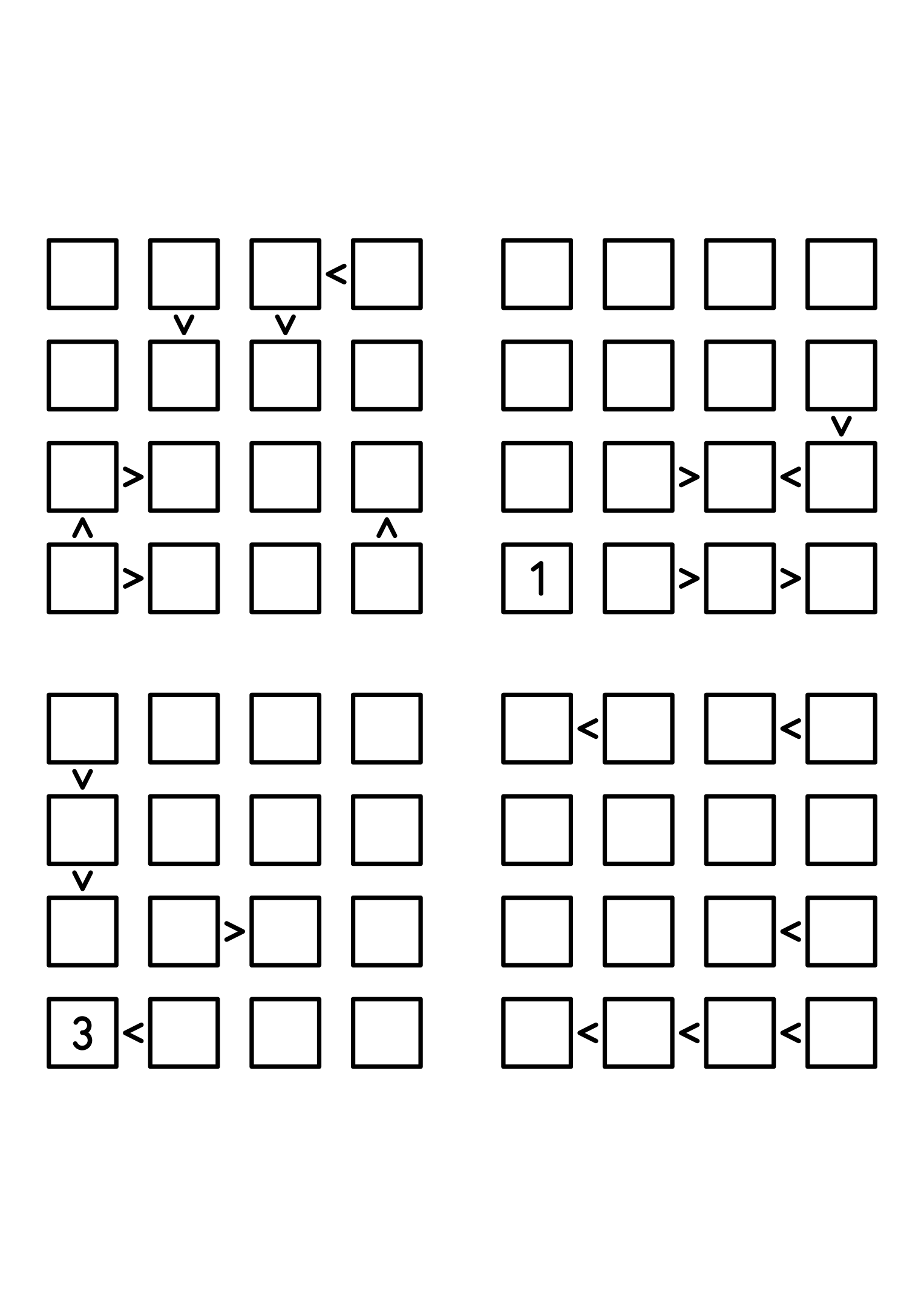 Four medium 4x4 futoshiki grids with few or no given digits and the signs that decide them. Level: Medium, 4 puzzles per page. Variant 4.