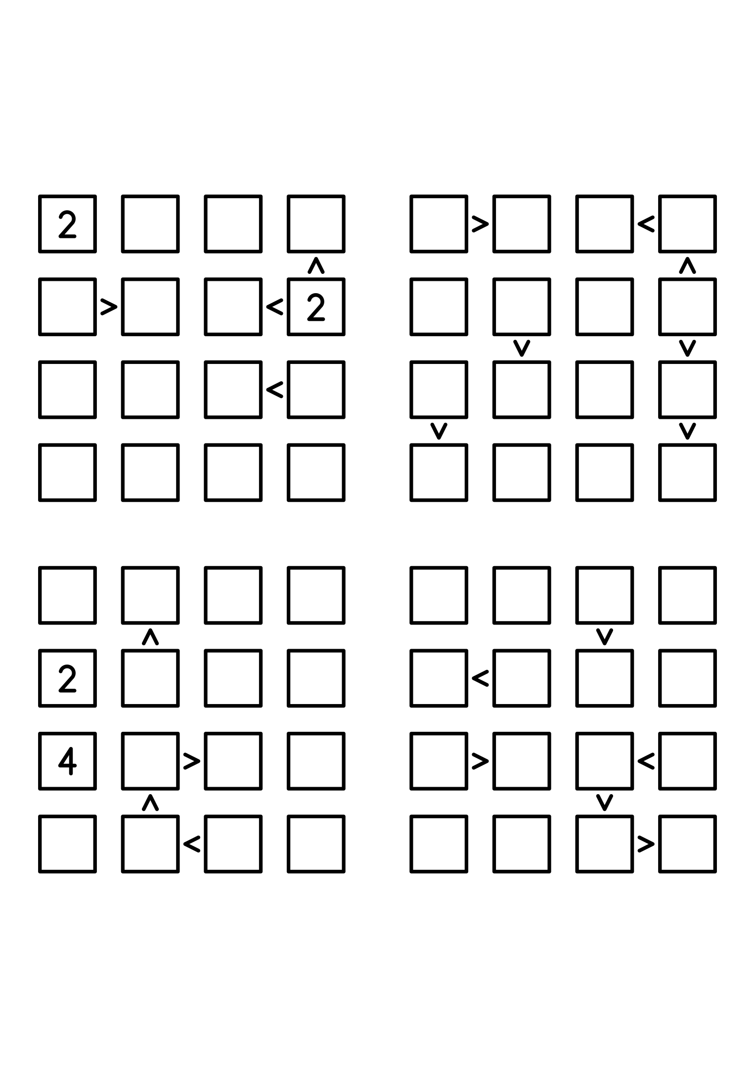 Four medium 4x4 futoshiki grids with few or no given digits and the signs that decide them. Level: Medium, 4 puzzles per page. Variant 5.