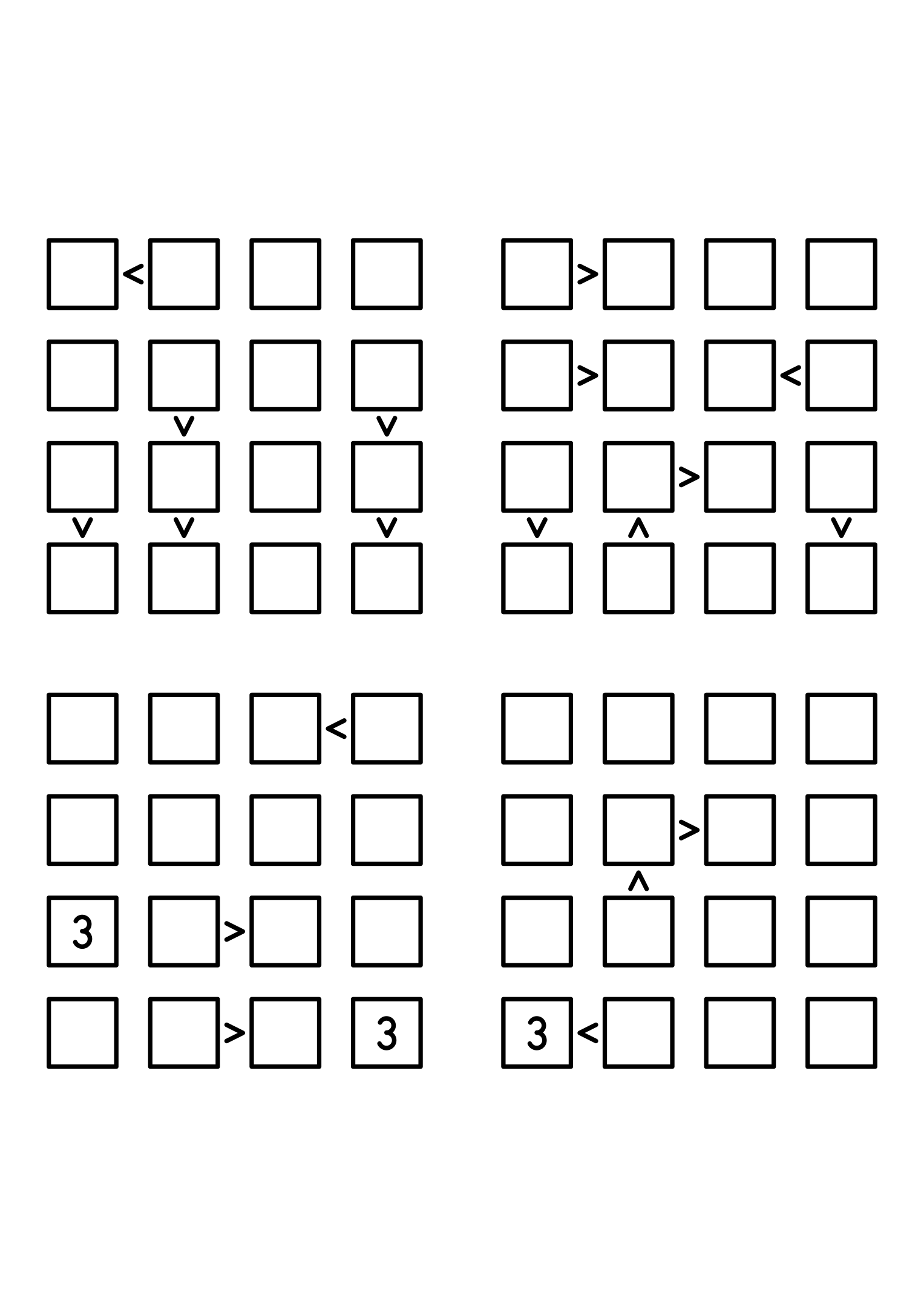 Four medium 4x4 futoshiki grids with few or no given digits and the signs that decide them. Level: Medium, 4 puzzles per page. Variant 6.