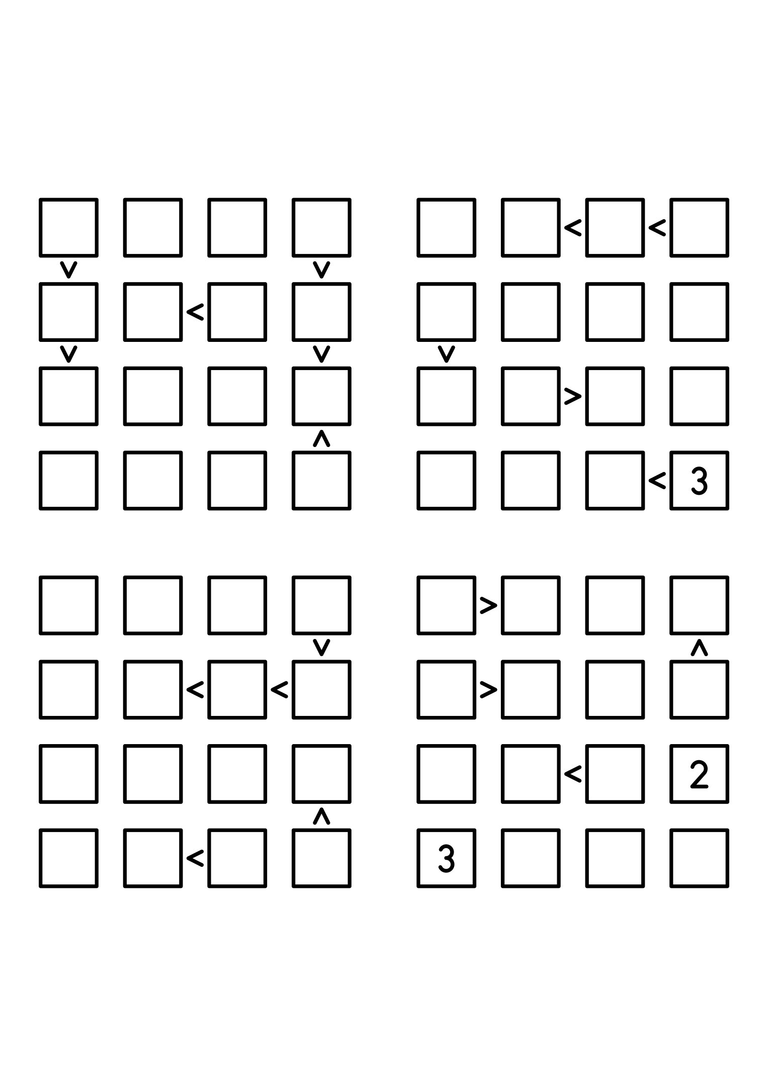 Four medium 4x4 futoshiki grids with few or no given digits and the signs that decide them. Level: Medium, 4 puzzles per page. Variant 7.