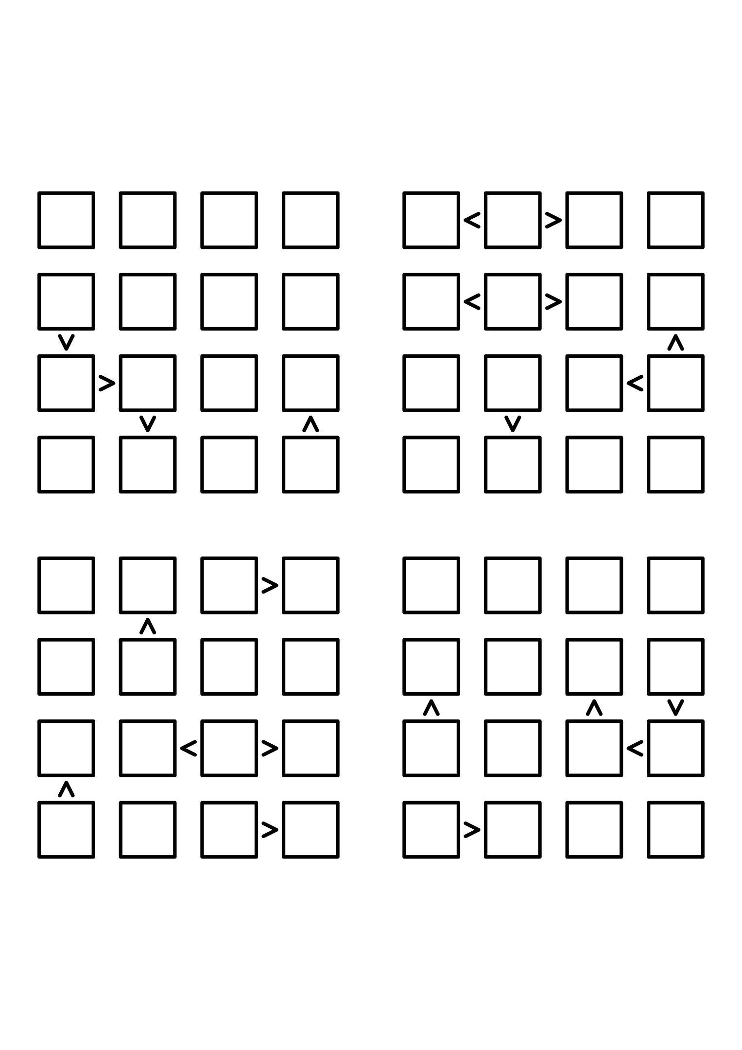 Four medium 4x4 futoshiki grids with few or no given digits and the signs that decide them. Level: Medium, 4 puzzles per page. Variant 8.