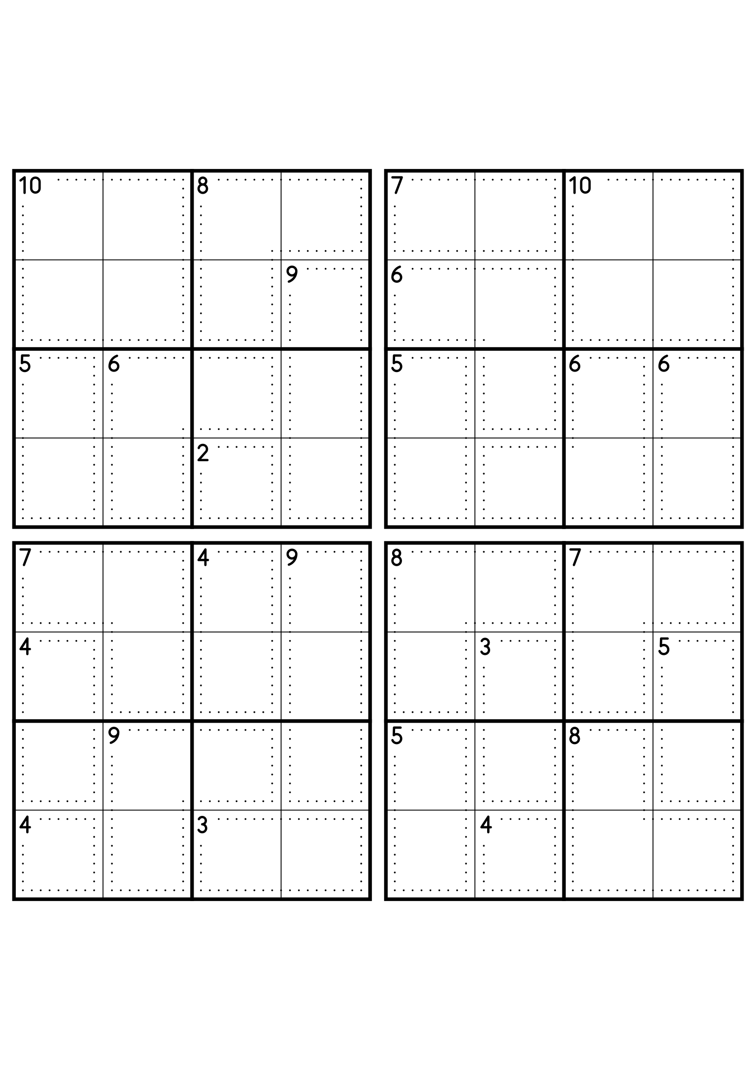 Four medium 4x4 killer sudoku grids with no given digit, only dotted cages and their sums. Level: Medium, 4 puzzles per page. Variant 2.