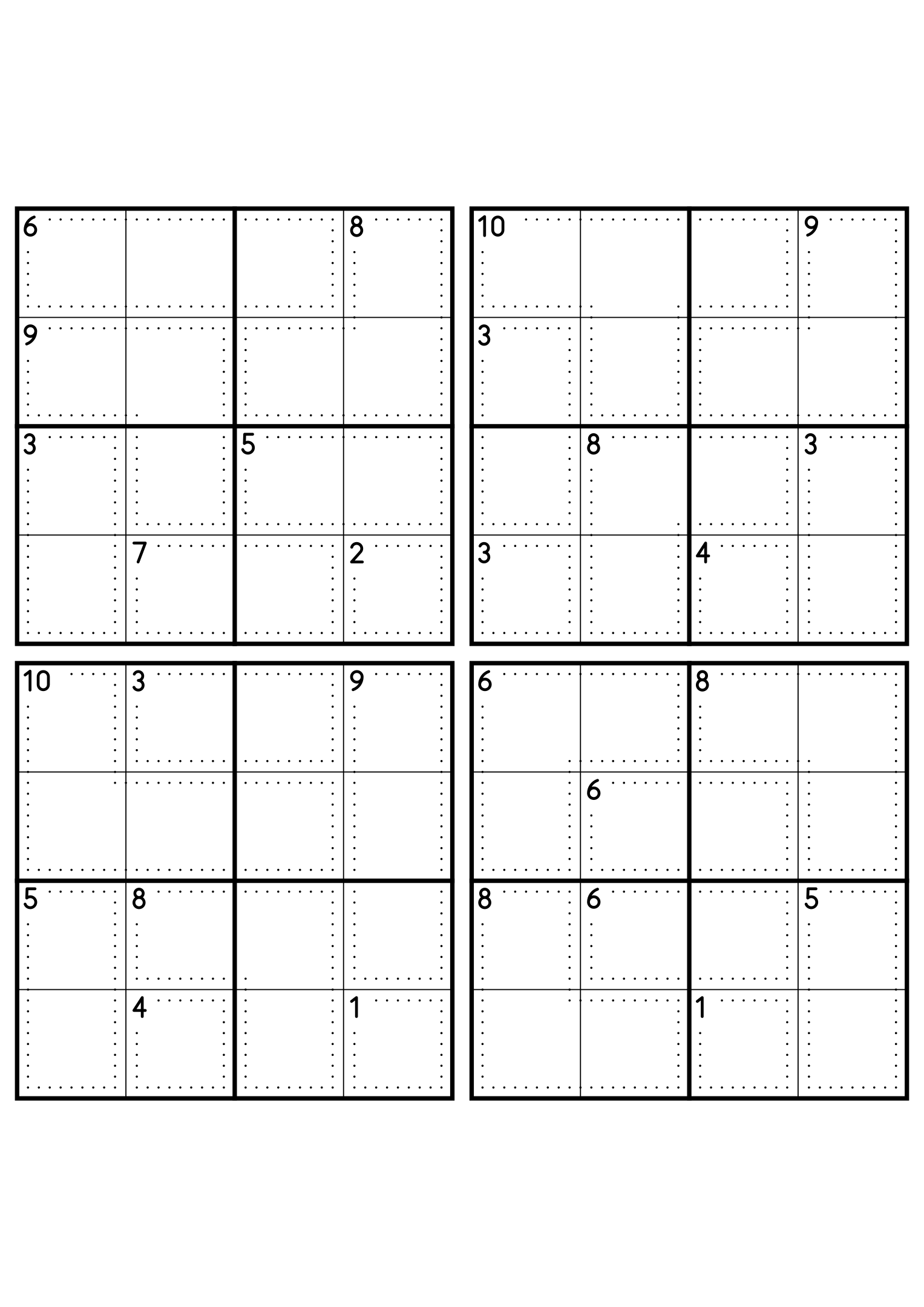 Four medium 4x4 killer sudoku grids with no given digit, only dotted cages and their sums. Level: Medium, 4 puzzles per page. Variant 3.