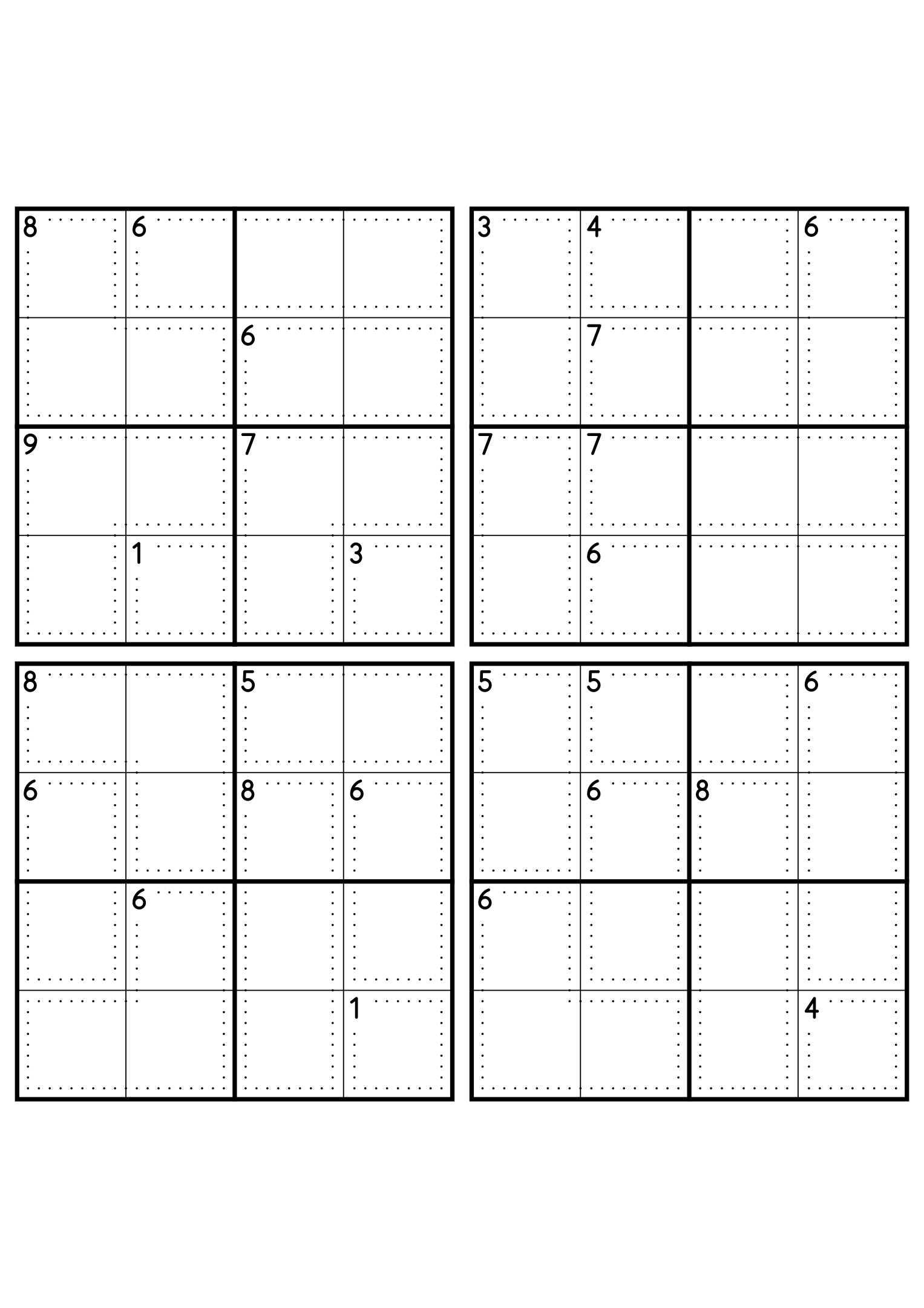 Four medium 4x4 killer sudoku grids with no given digit, only dotted cages and their sums. Level: Medium, 4 puzzles per page. Variant 4.