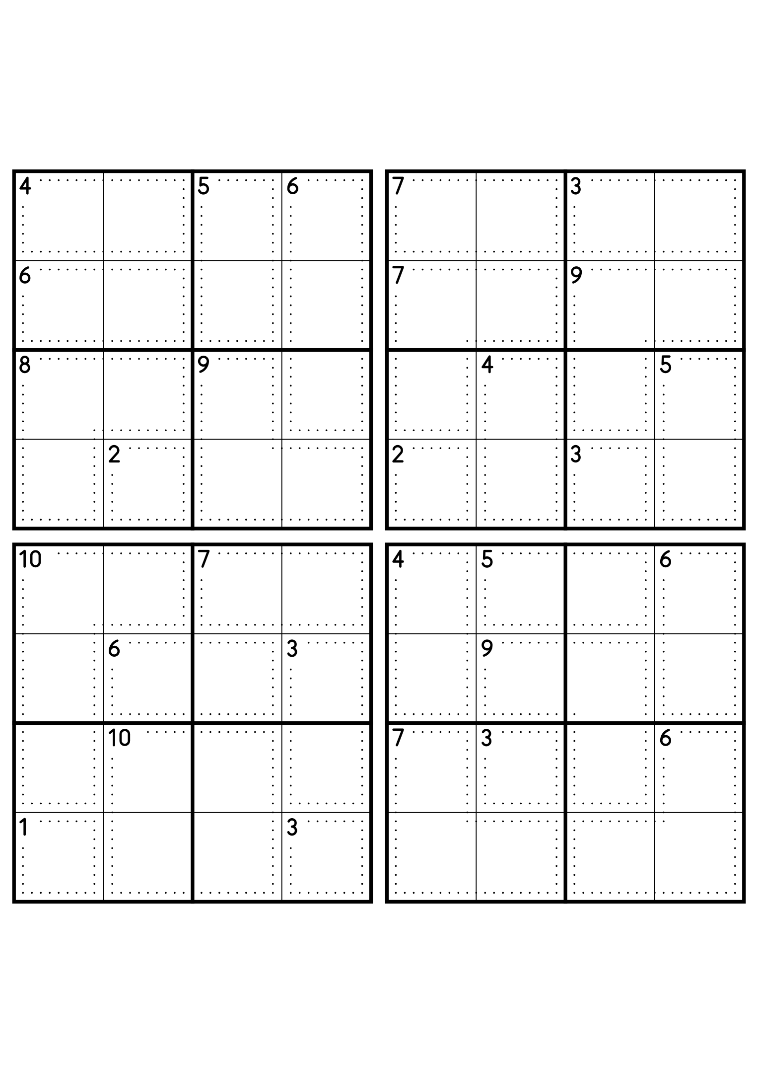 Four medium 4x4 killer sudoku grids with no given digit, only dotted cages and their sums. Level: Medium, 4 puzzles per page. Variant 5.
