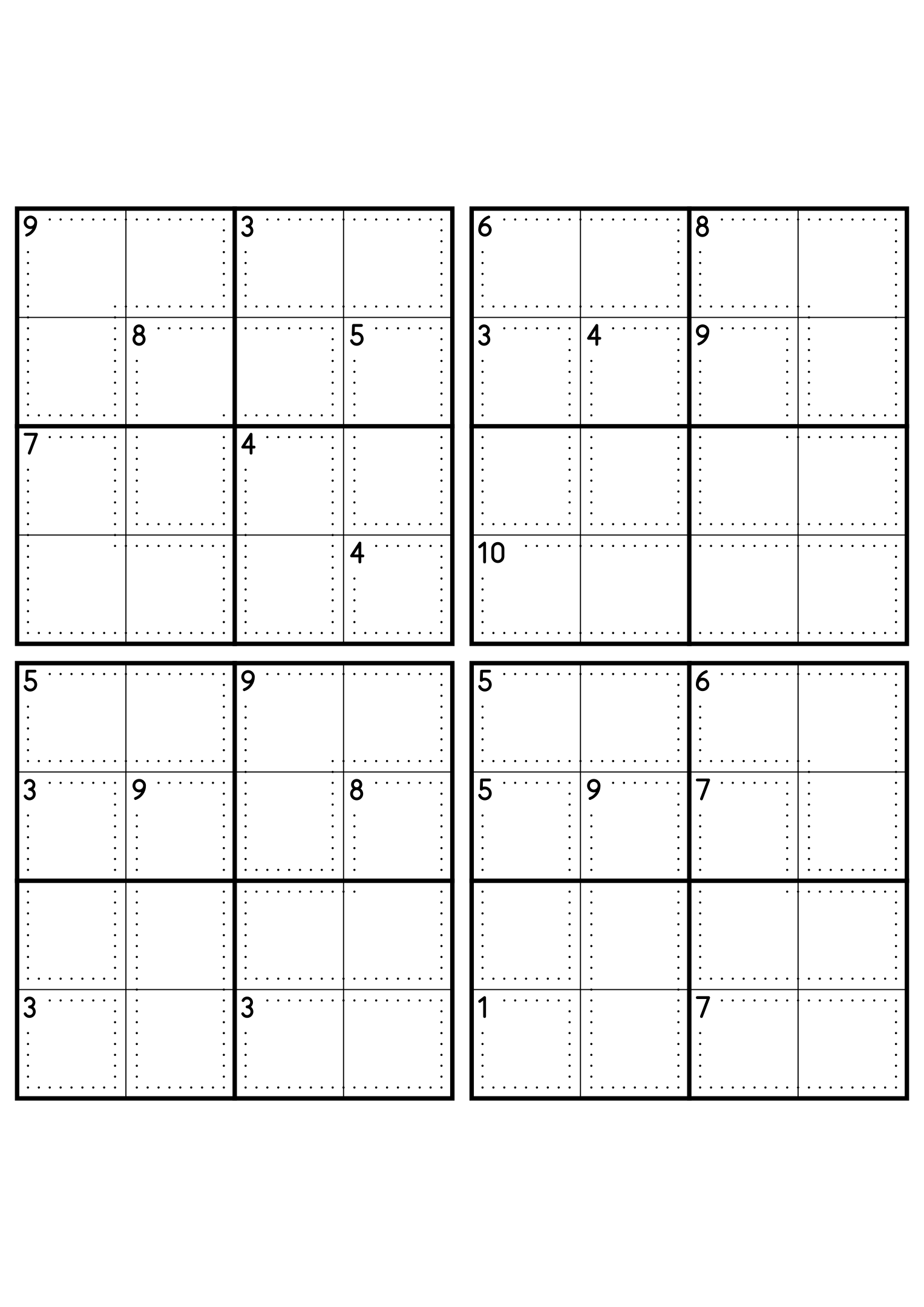 Four medium 4x4 killer sudoku grids with no given digit, only dotted cages and their sums. Level: Medium, 4 puzzles per page. Variant 6.