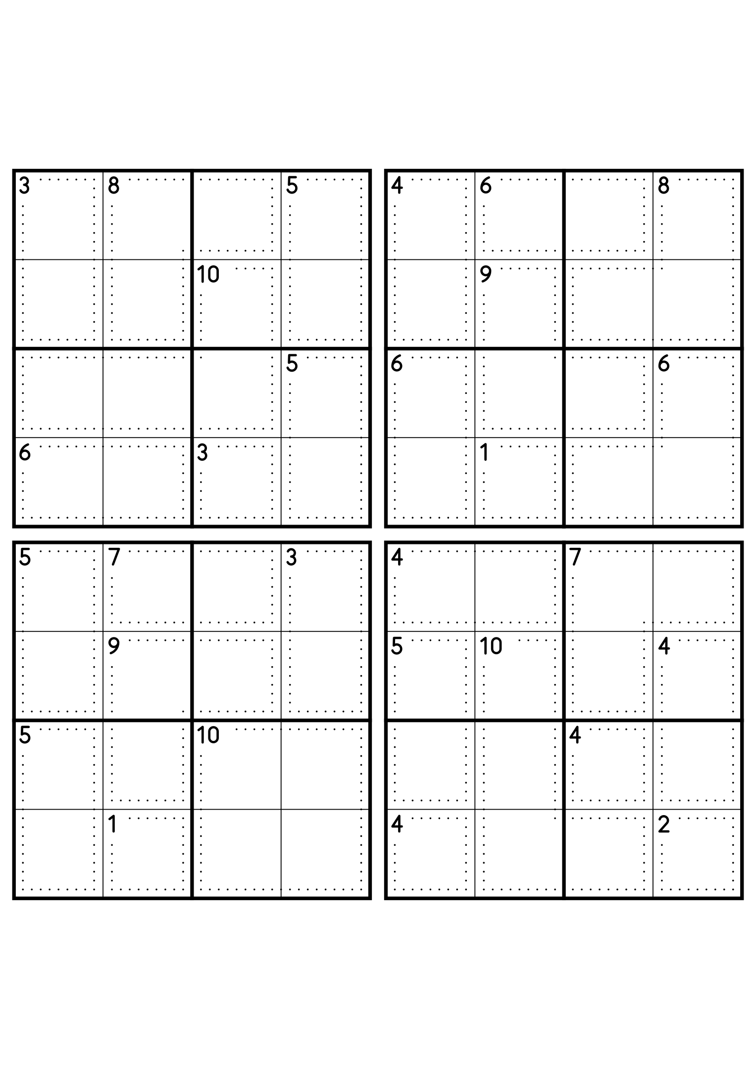 Four medium 4x4 killer sudoku grids with no given digit, only dotted cages and their sums. Level: Medium, 4 puzzles per page. Variant 7.