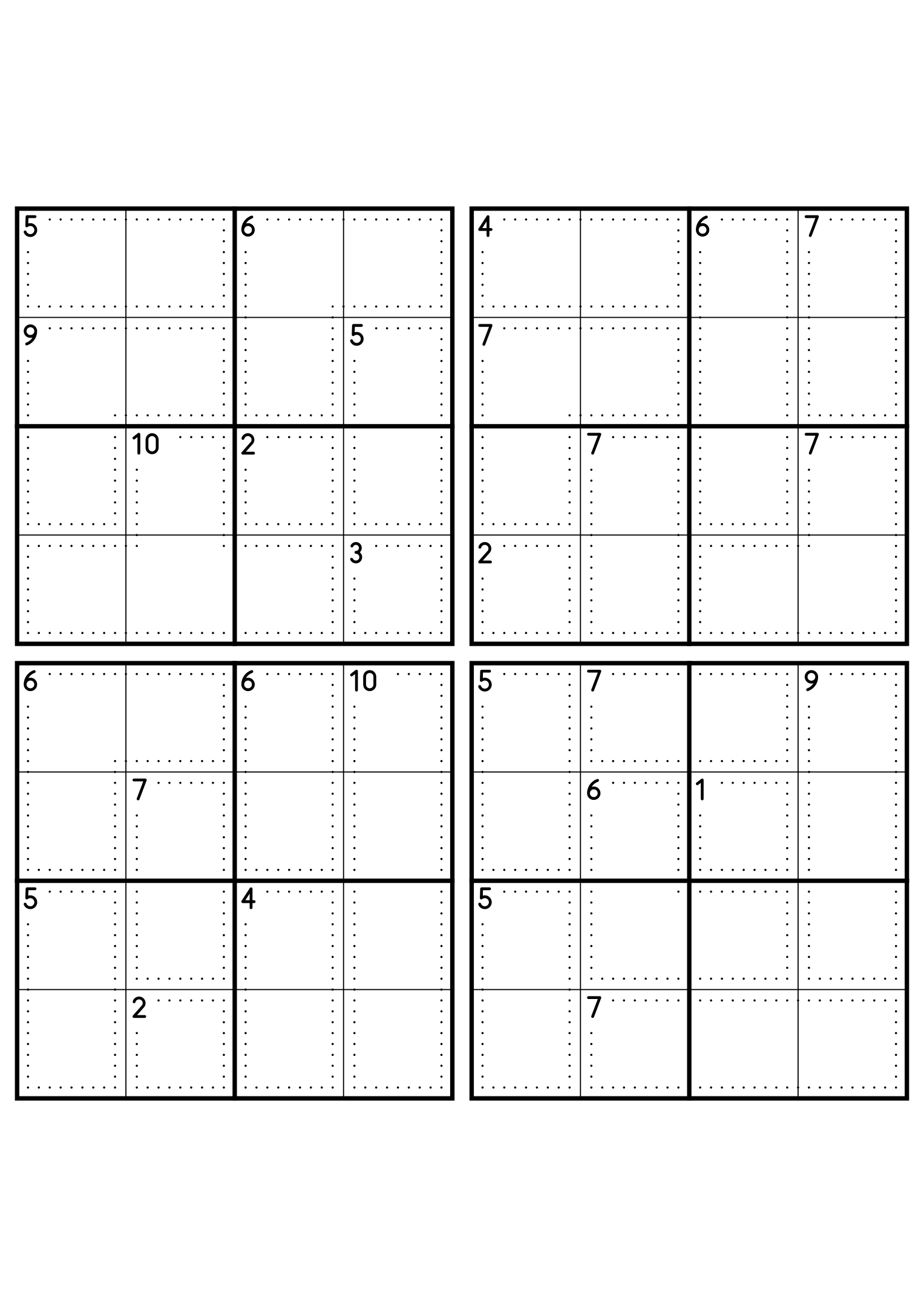 Four medium 4x4 killer sudoku grids with no given digit, only dotted cages and their sums. Level: Medium, 4 puzzles per page. Variant 8.