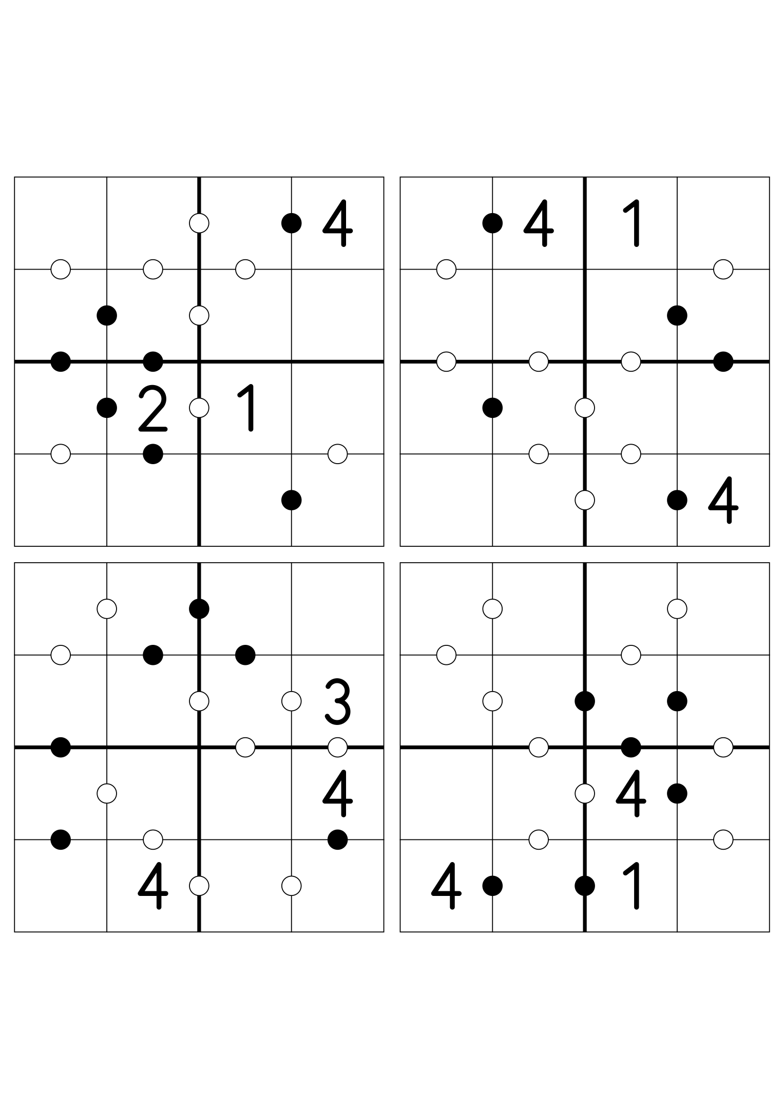 Four medium 4x4 Kropki grids, three digits given in each. Variant 1.