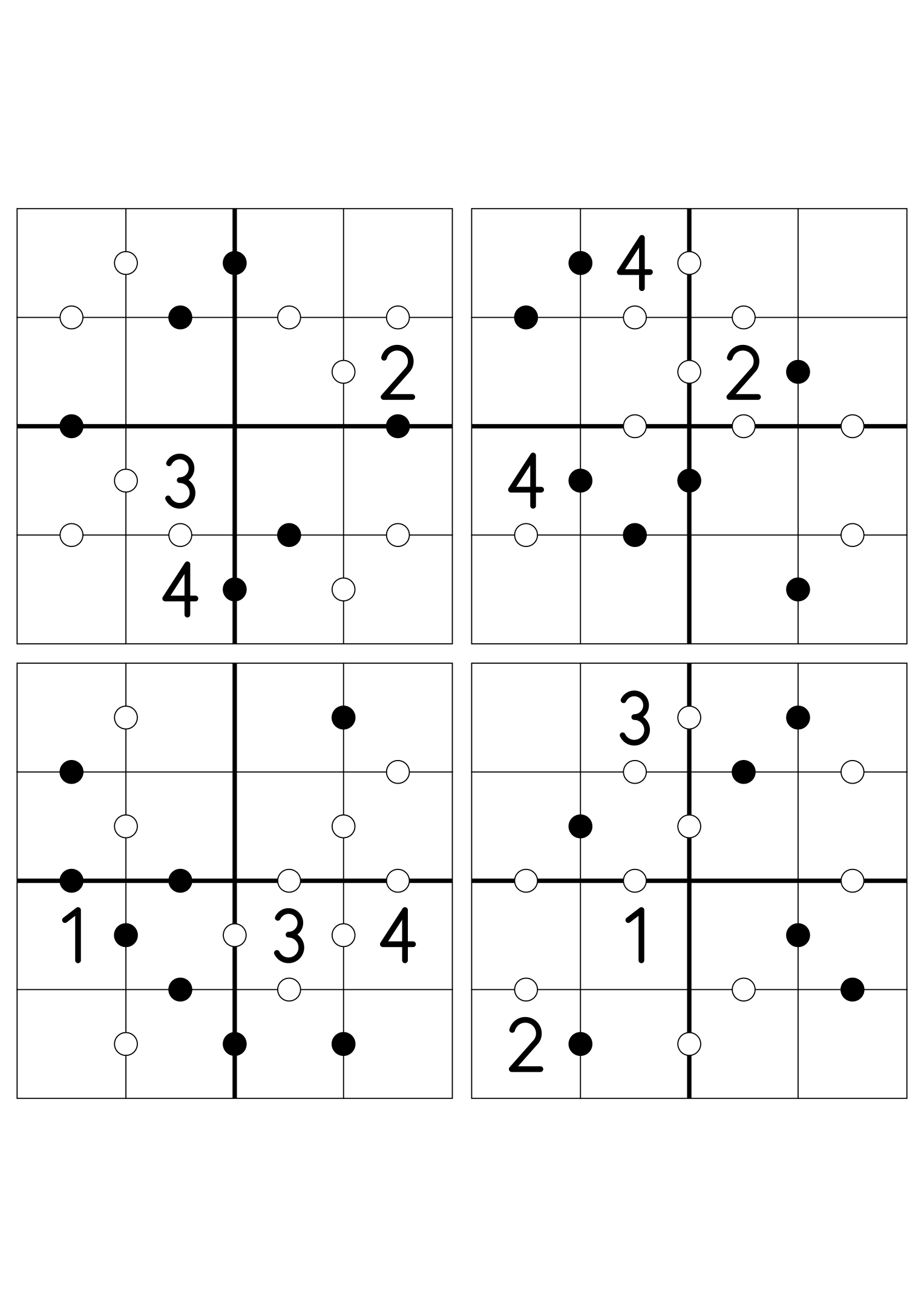 Four medium 4x4 Kropki grids, three digits given in each. Variant 2.