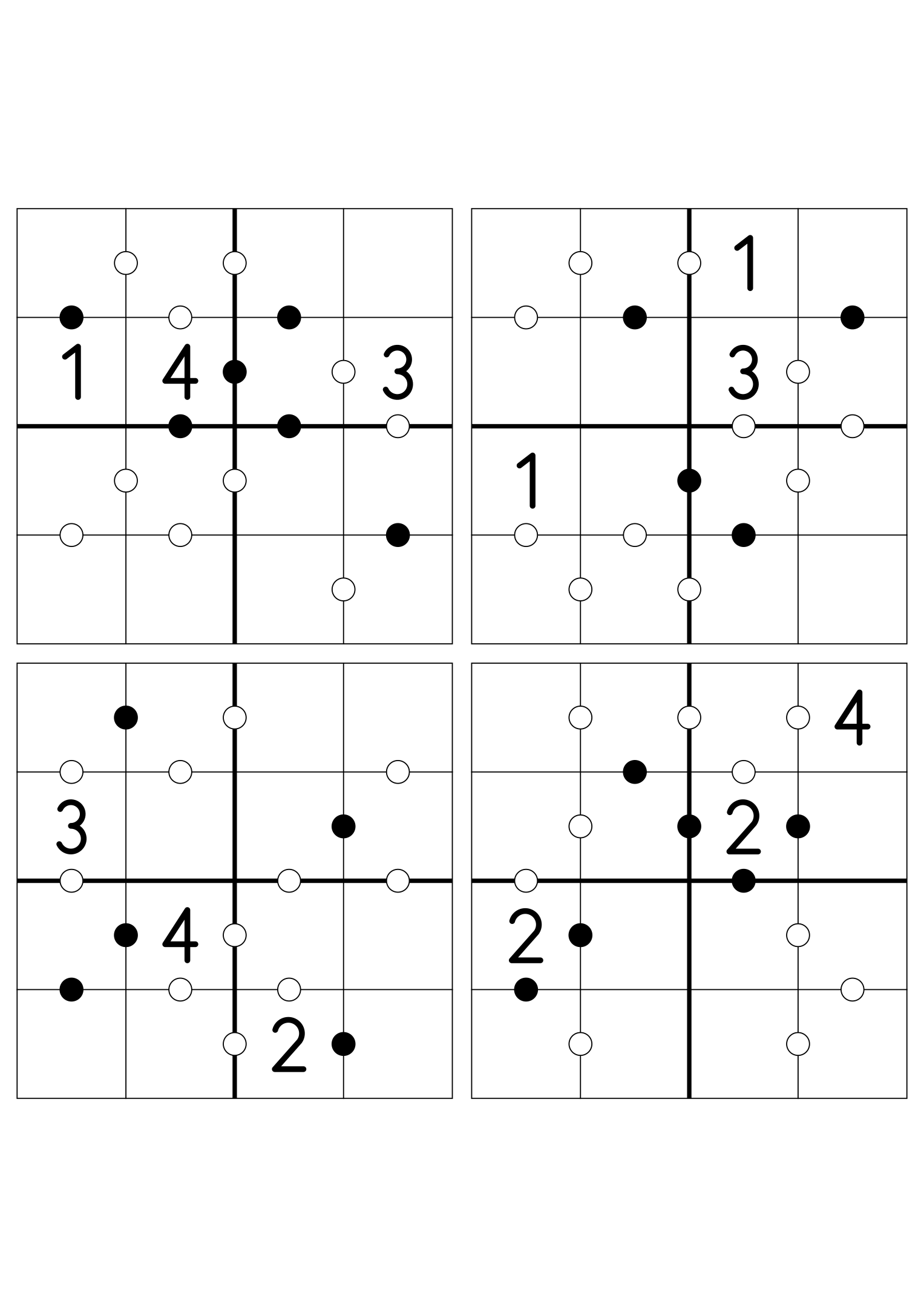 Four medium 4x4 Kropki grids, three digits given in each. Variant 3.