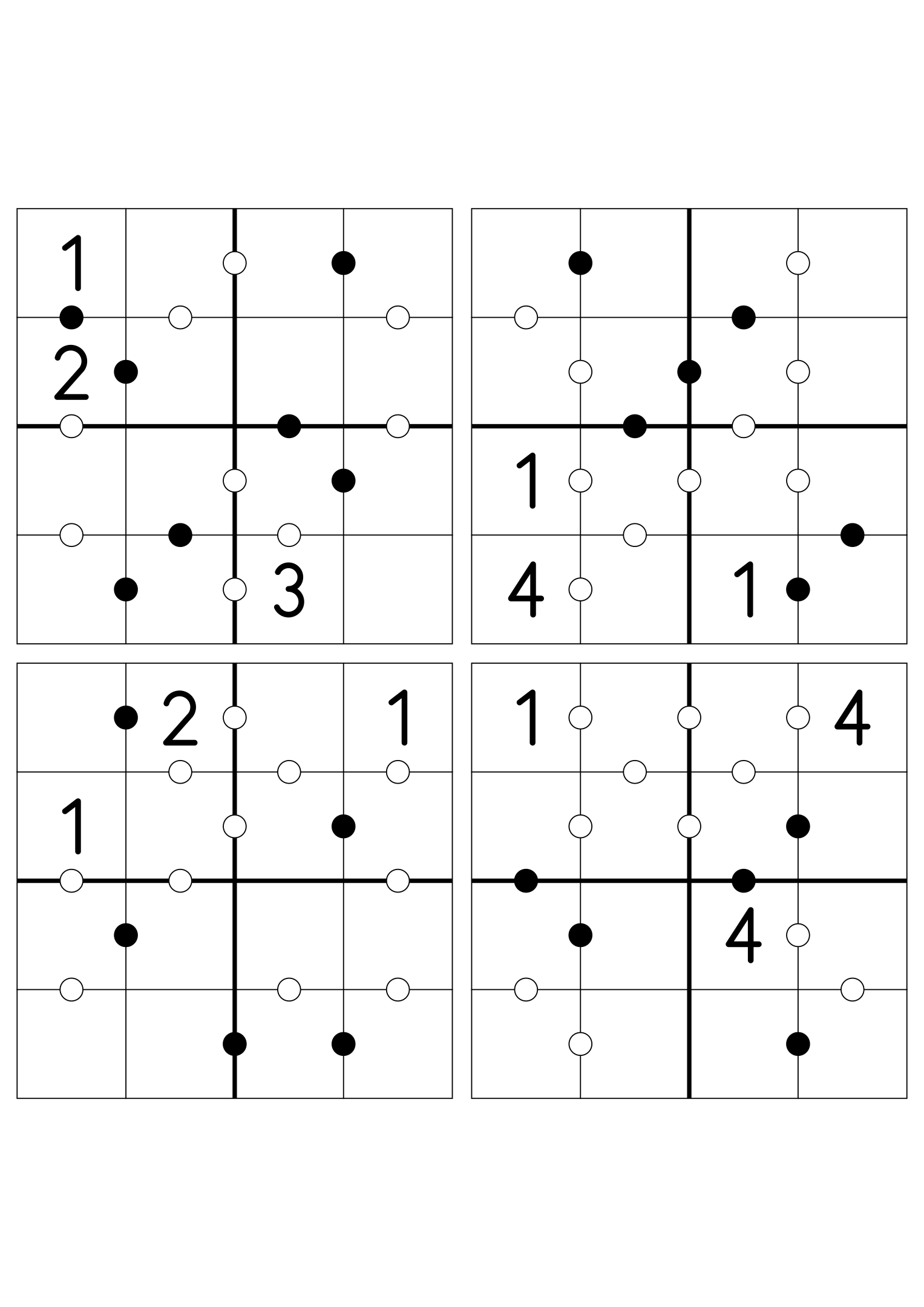 Four medium 4x4 Kropki grids, three digits given in each. Variant 4.