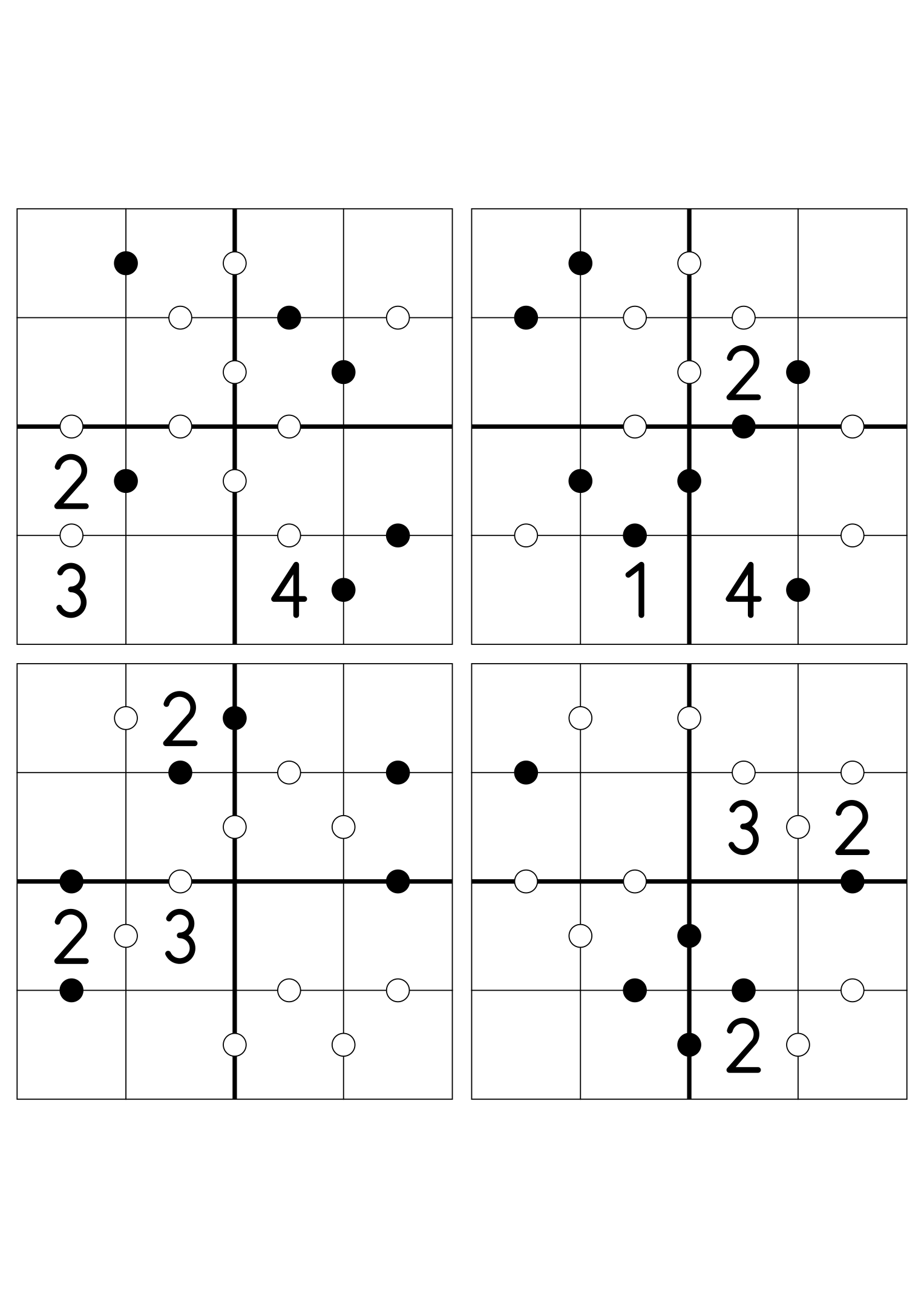 Four medium 4x4 Kropki grids, three digits given in each. Variant 5.