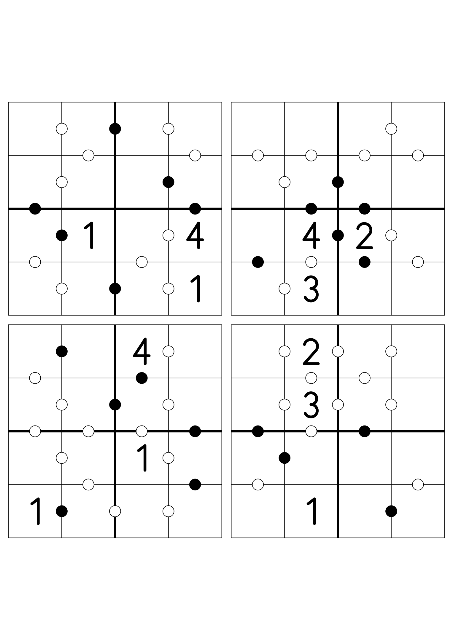 Four medium 4x4 Kropki grids, three digits given in each. Variant 6.