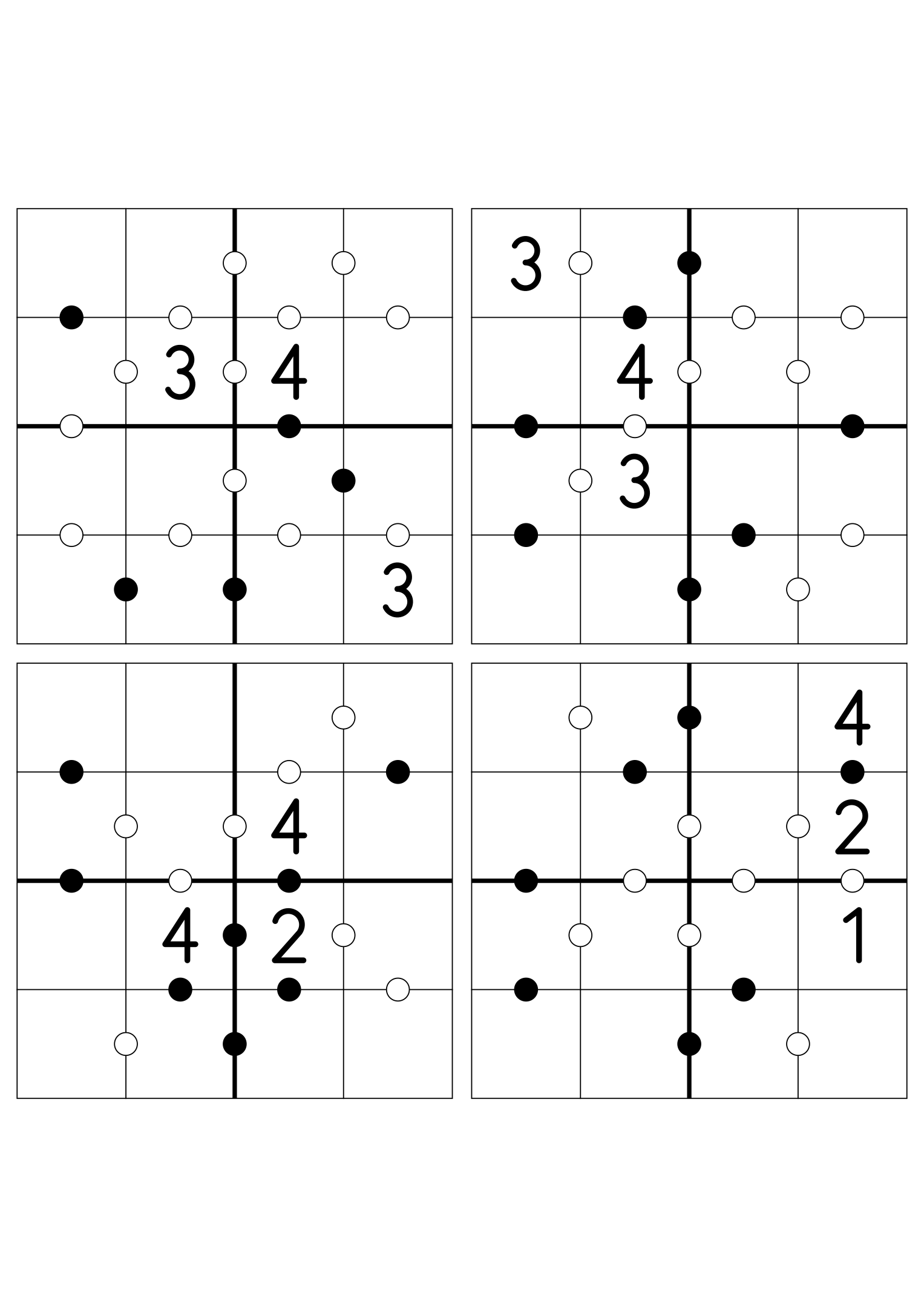 Four medium 4x4 Kropki grids, three digits given in each. Variant 7.