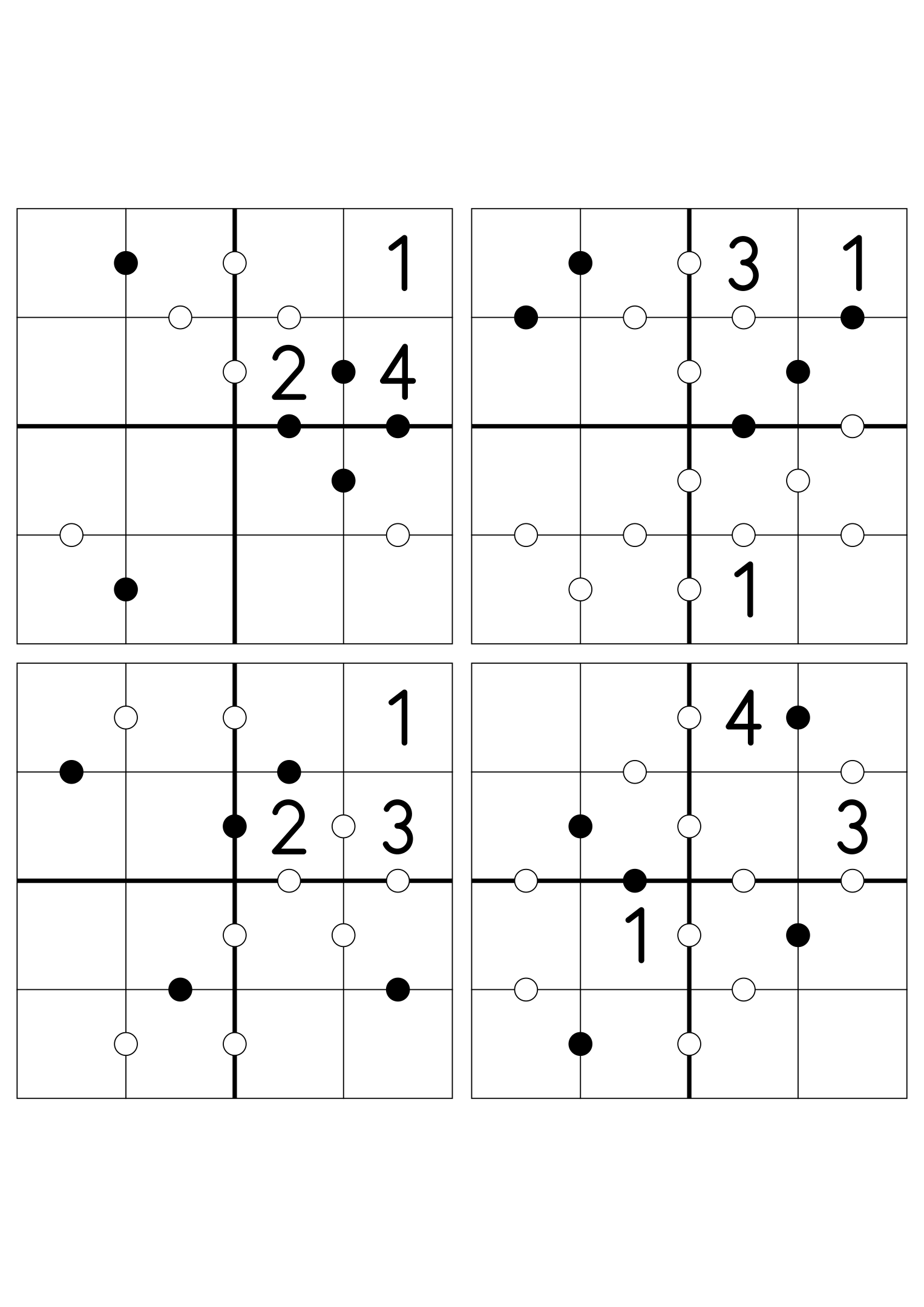 Four medium 4x4 Kropki grids, three digits given in each. Variant 8.