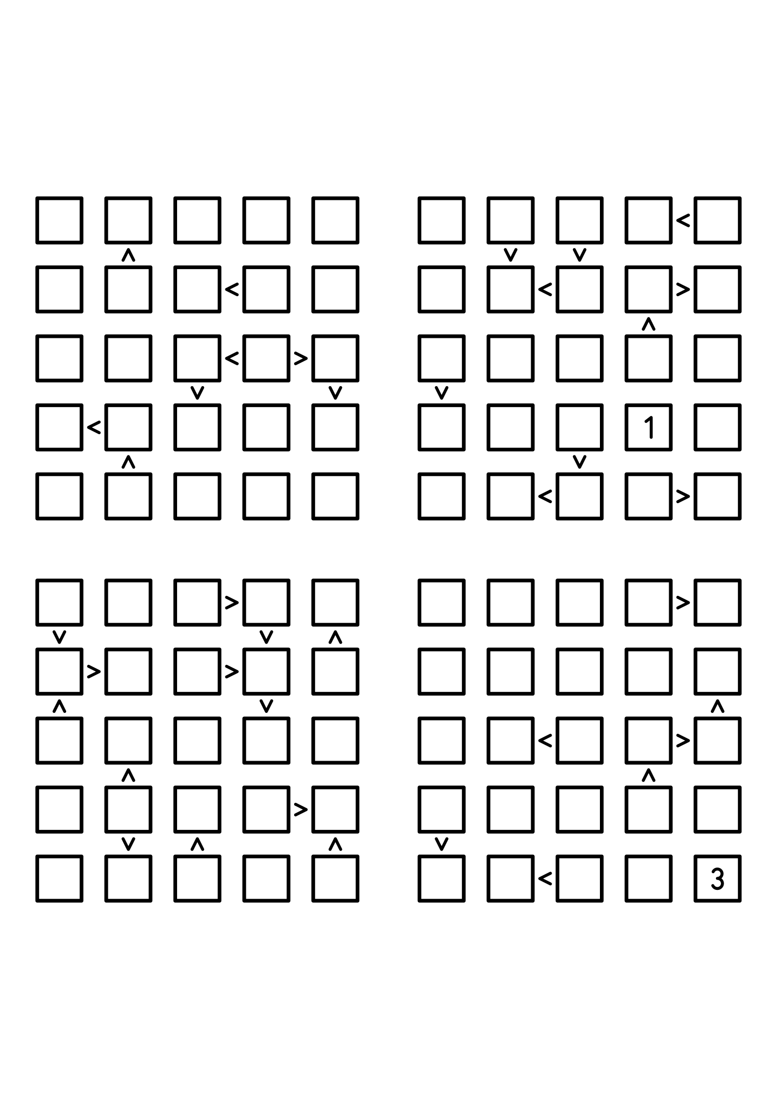 Four medium 5x5 futoshiki grids with few or no given digits and the signs that decide them. Level: Medium, 4 puzzles per page. Variant 1.