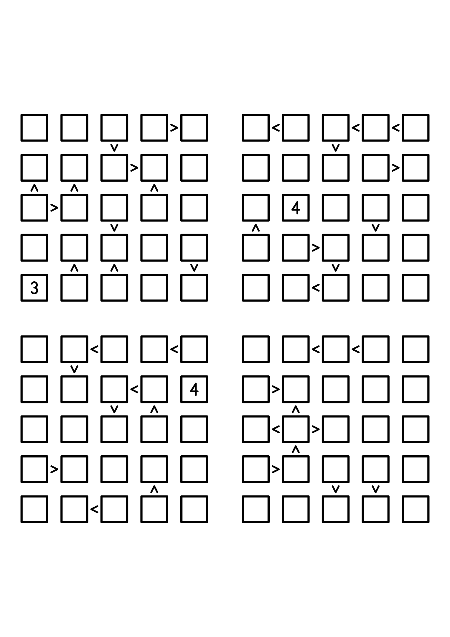 Four medium 5x5 futoshiki grids with few or no given digits and the signs that decide them. Level: Medium, 4 puzzles per page. Variant 3.