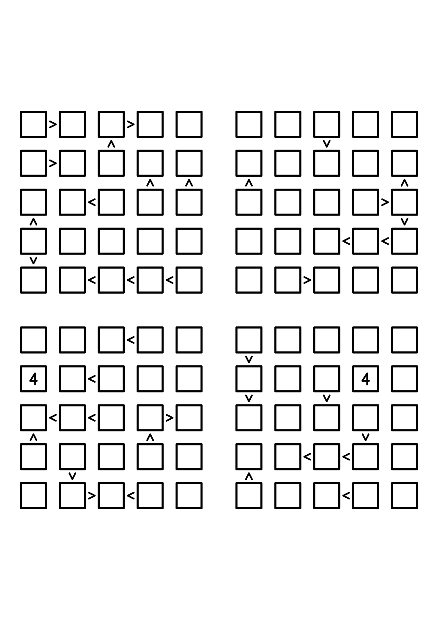 Four medium 5x5 futoshiki grids with few or no given digits and the signs that decide them. Level: Medium, 4 puzzles per page. Variant 4.