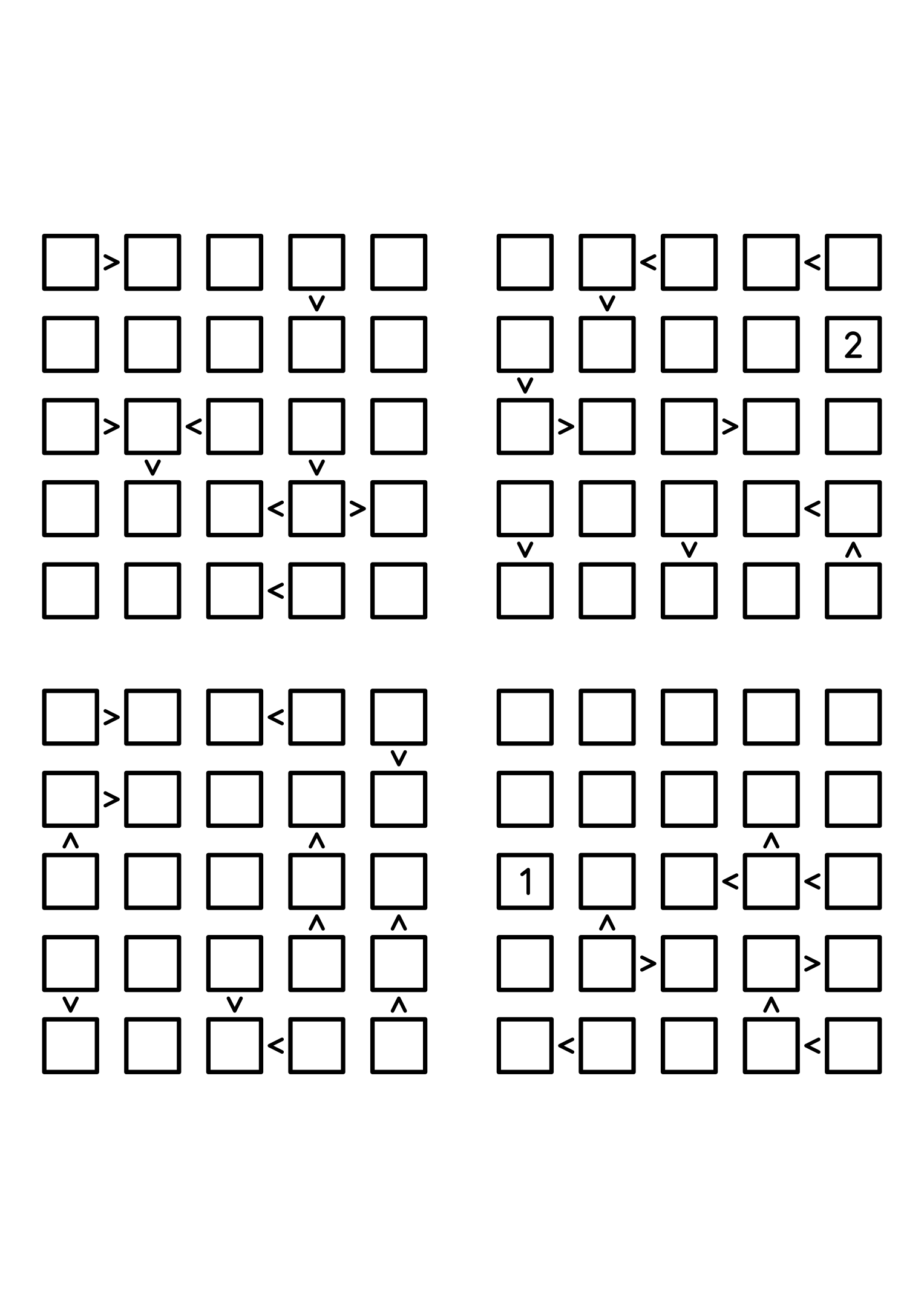 Four medium 5x5 futoshiki grids with few or no given digits and the signs that decide them. Level: Medium, 4 puzzles per page. Variant 5.