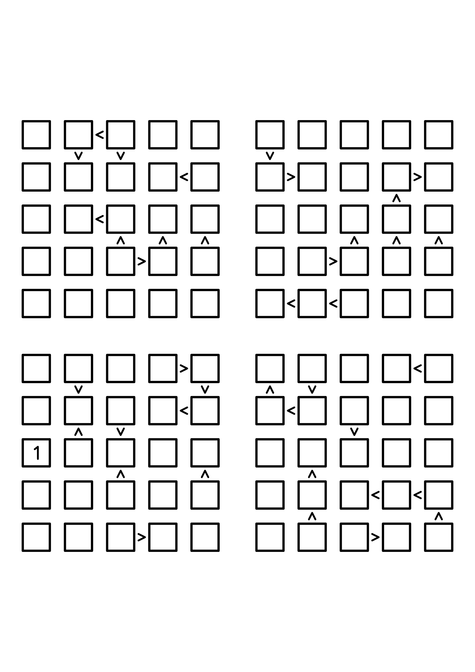 Four medium 5x5 futoshiki grids with few or no given digits and the signs that decide them. Level: Medium, 4 puzzles per page. Variant 6.