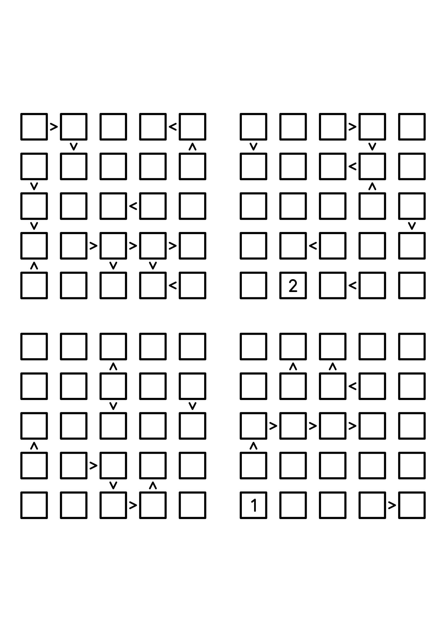 Four medium 5x5 futoshiki grids with few or no given digits and the signs that decide them. Level: Medium, 4 puzzles per page. Variant 7.