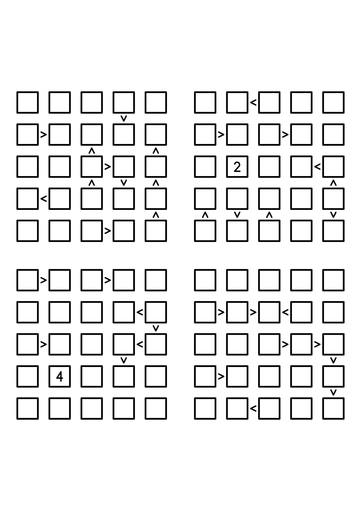 Four medium 5x5 futoshiki grids with few or no given digits and the signs that decide them. Level: Medium, 4 puzzles per page. Variant 8.