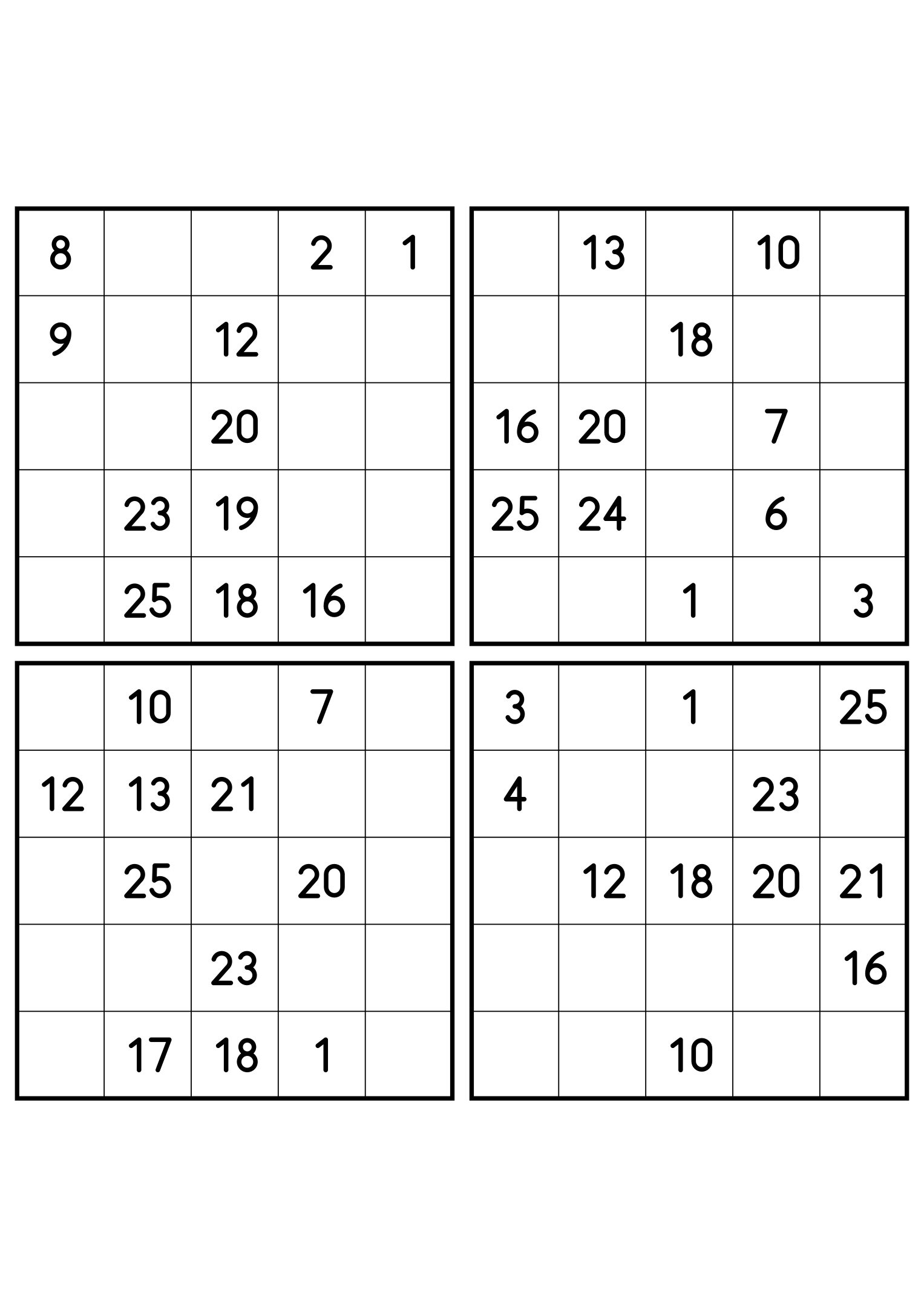 Four medium 5x5 Hidoku grids, 11 numbers printed in each. Variant 1.