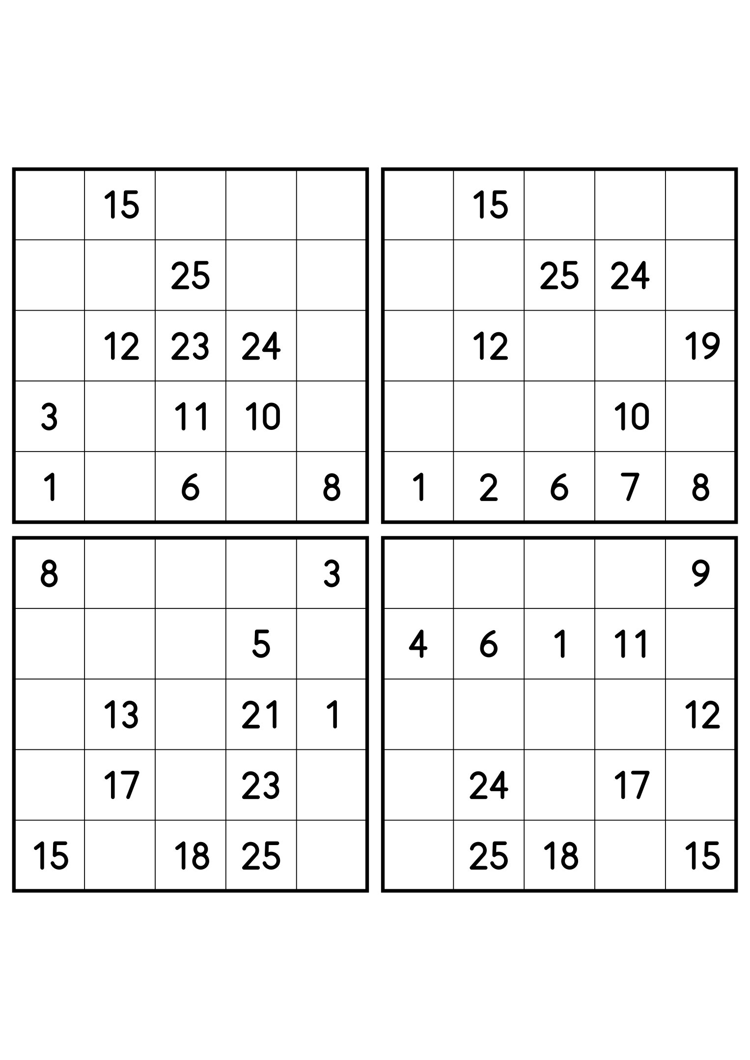 Four medium 5x5 Hidoku grids, 11 numbers printed in each. Variant 2.