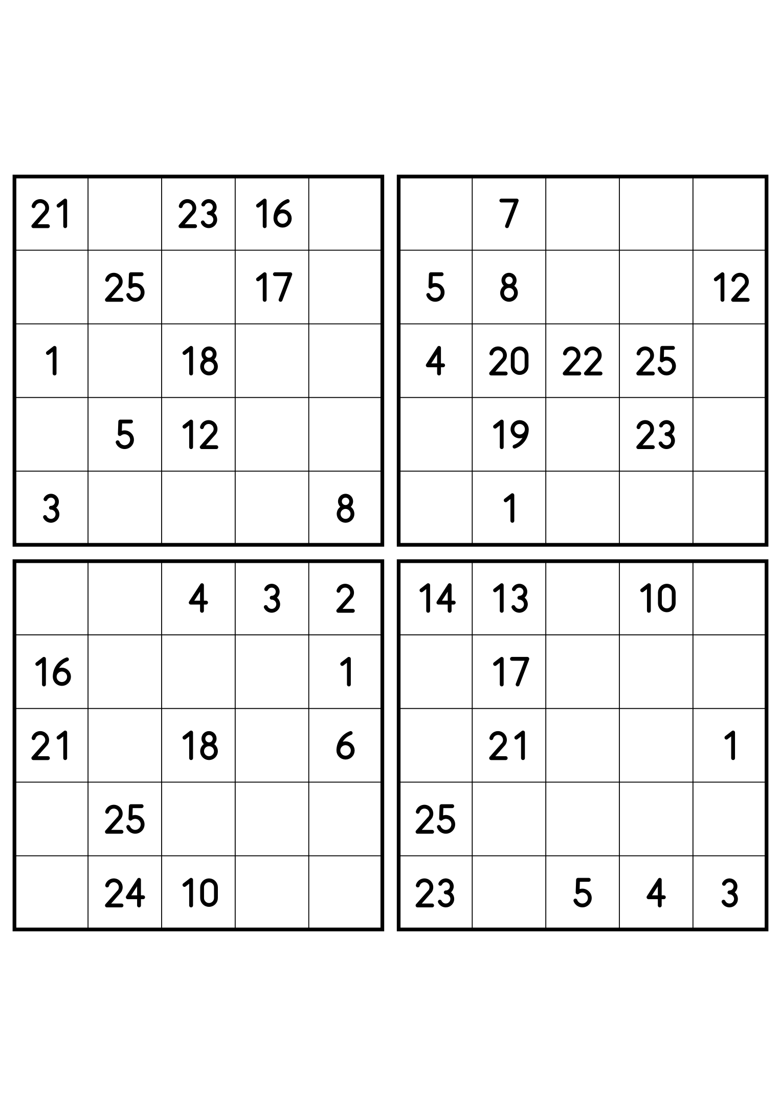Four medium 5x5 Hidoku grids, 11 numbers printed in each. Variant 3.