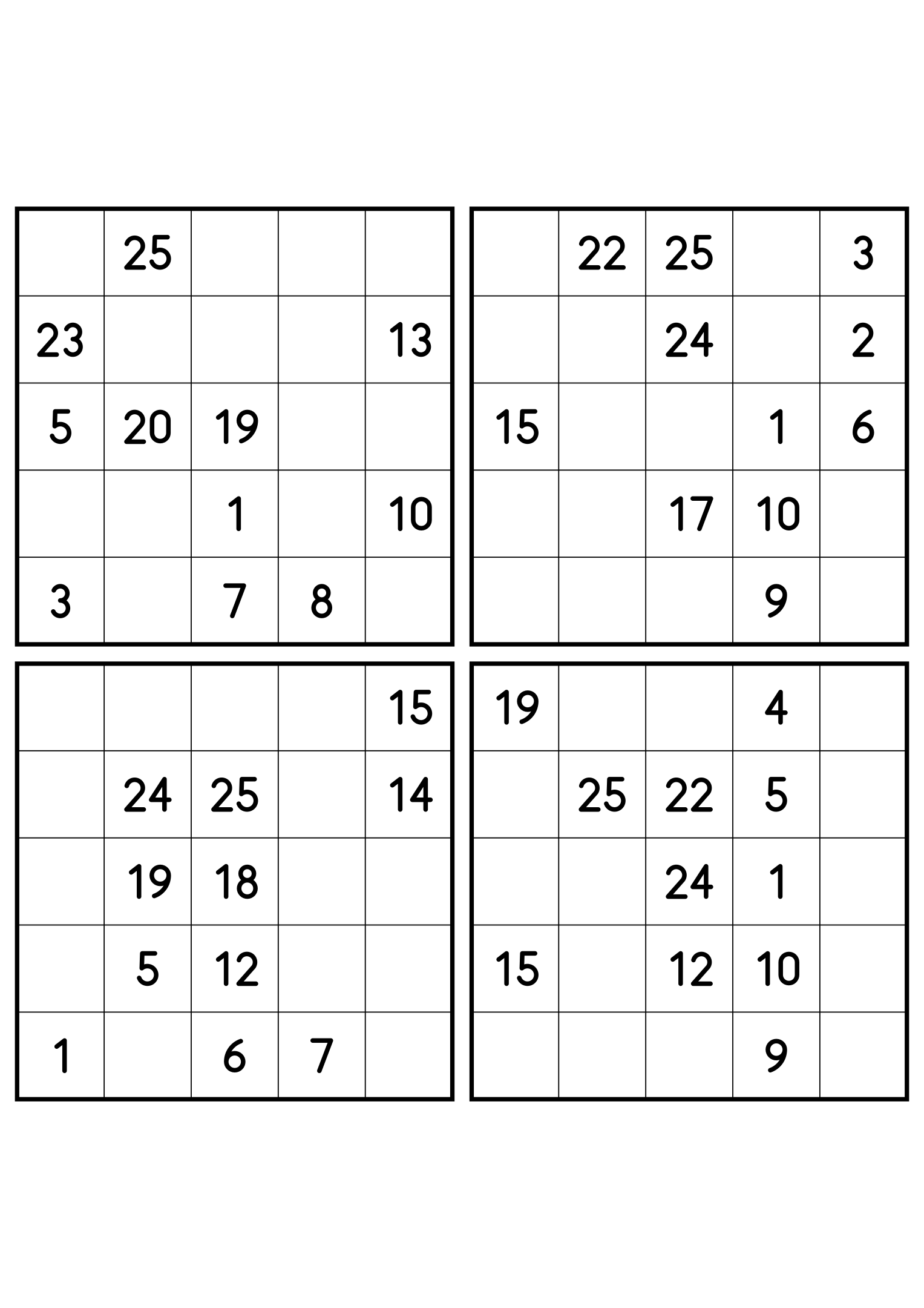 Four medium 5x5 Hidoku grids, 11 numbers printed in each. Variant 4.