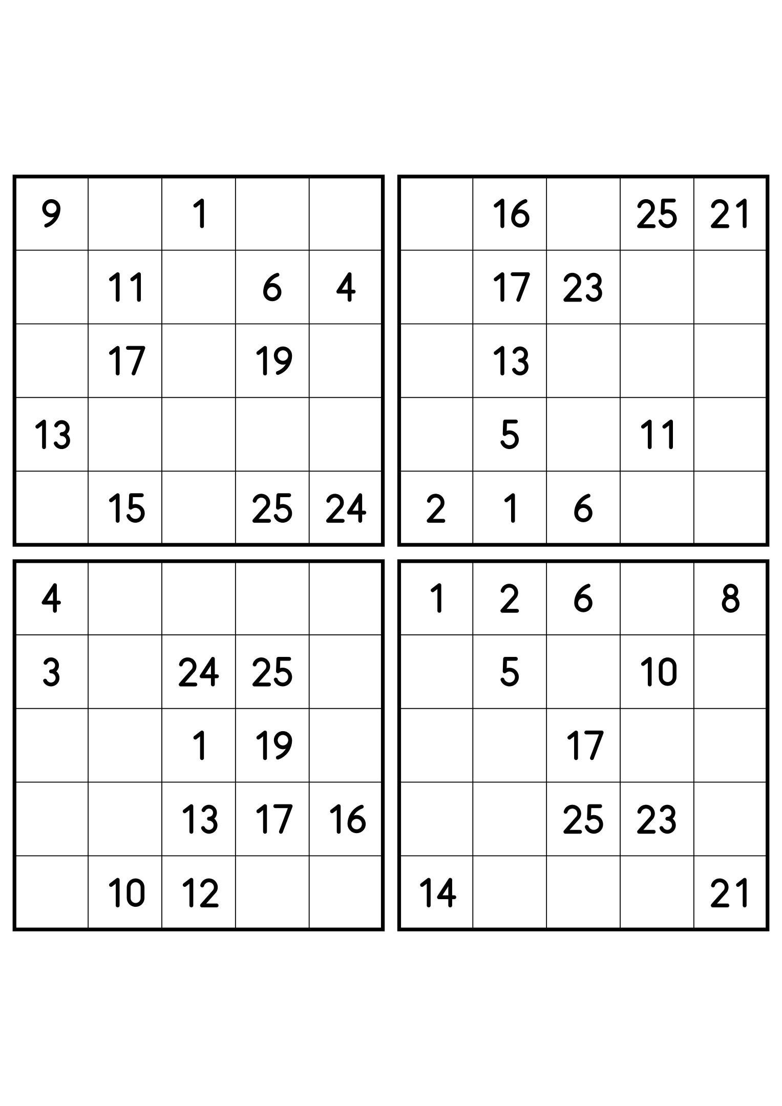 Four medium 5x5 Hidoku grids, 11 numbers printed in each. Variant 5.
