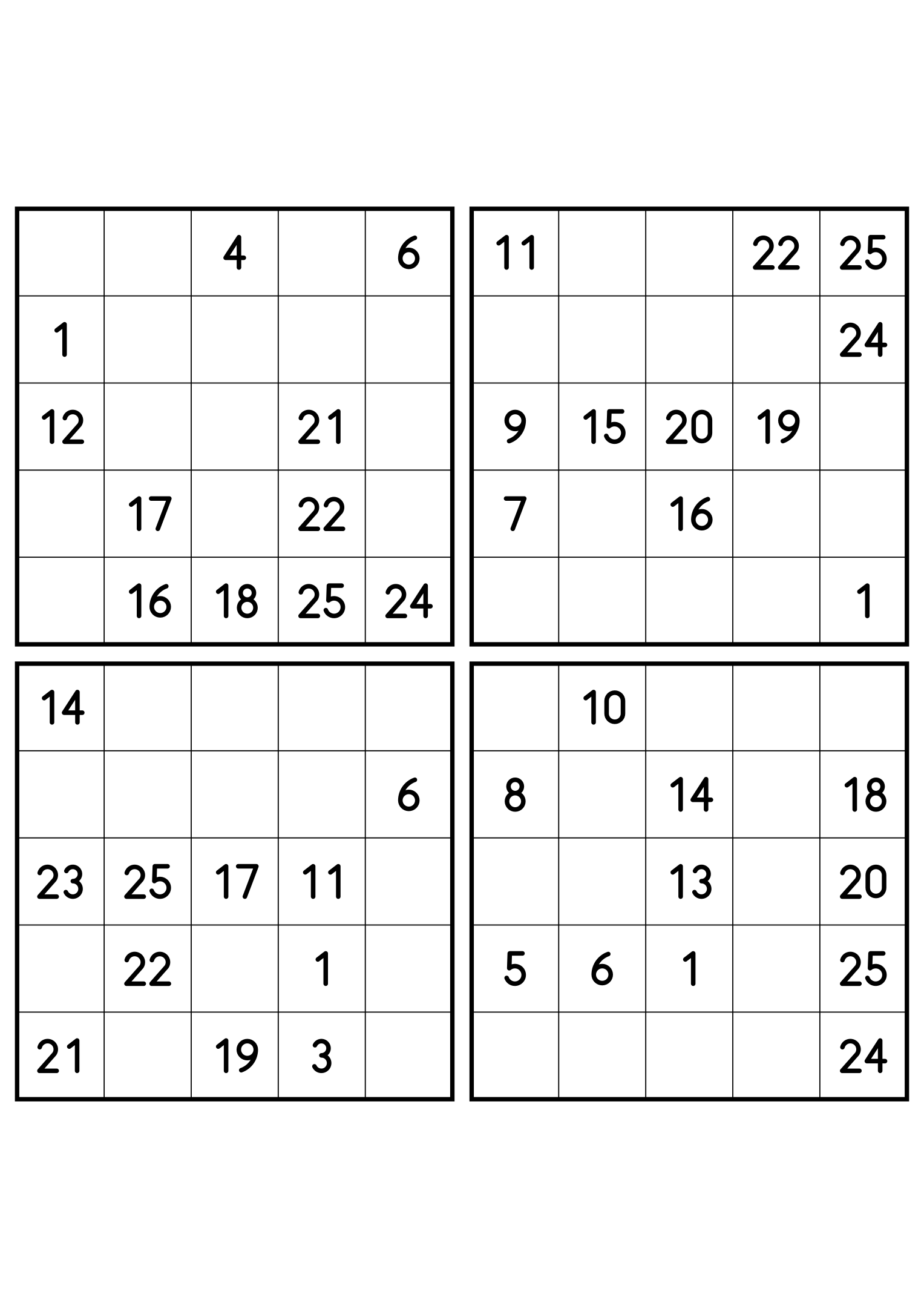 Four medium 5x5 Hidoku grids, 11 numbers printed in each. Variant 6.