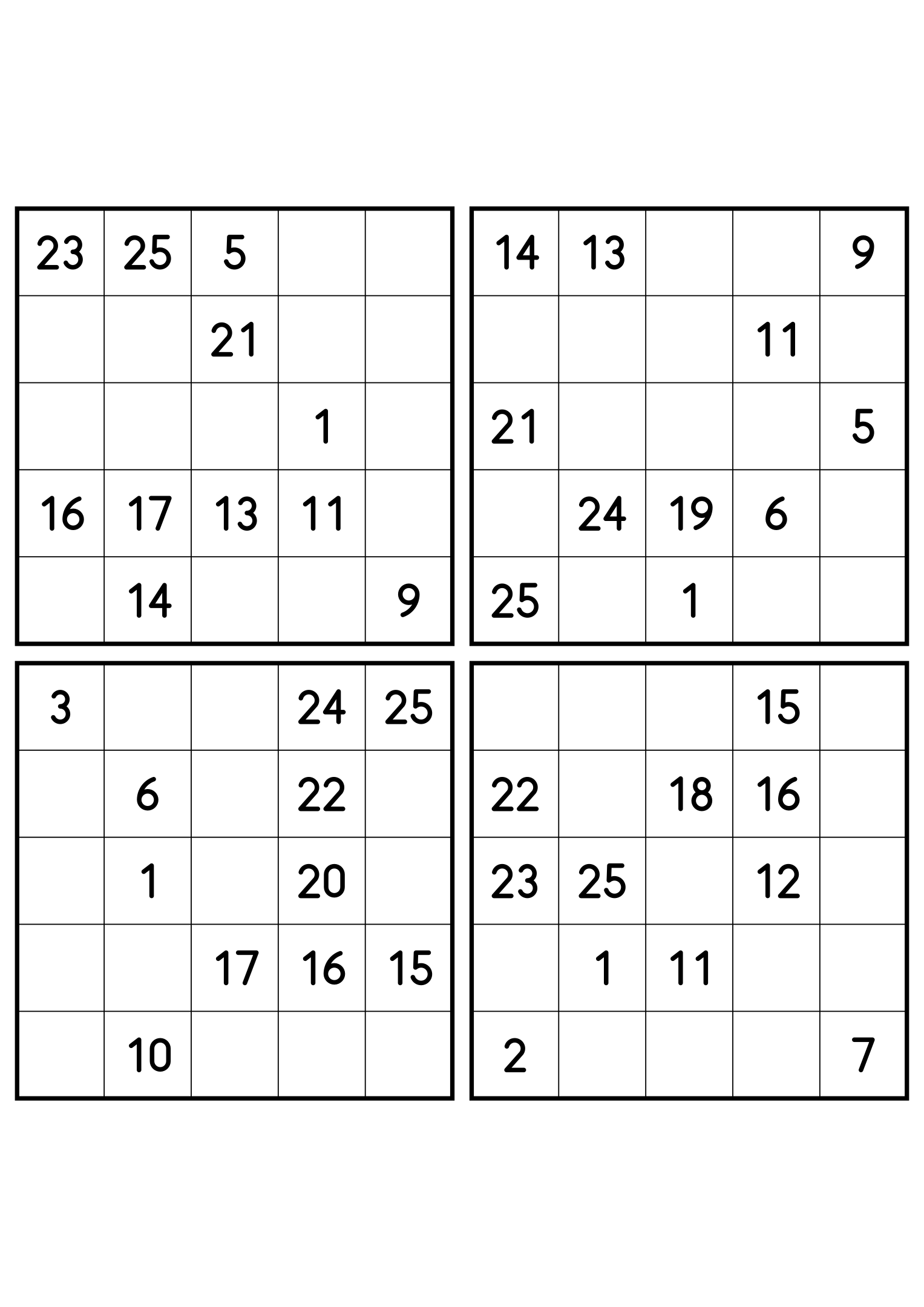 Four medium 5x5 Hidoku grids, 11 numbers printed in each. Variant 7.