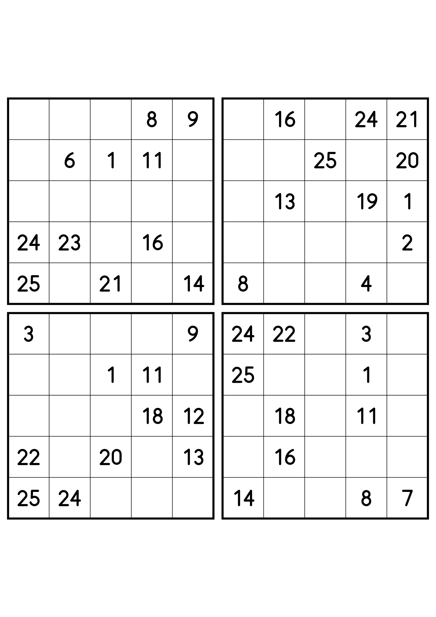 Four medium 5x5 Hidoku grids, 11 numbers printed in each. Variant 8.