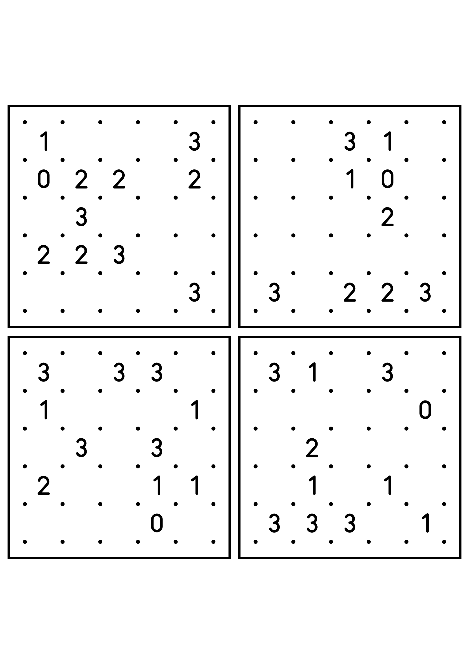 Four medium 5x5 slitherlink grids read with their corner patterns. Level: Medium, 4 puzzles per page. Variant 1.