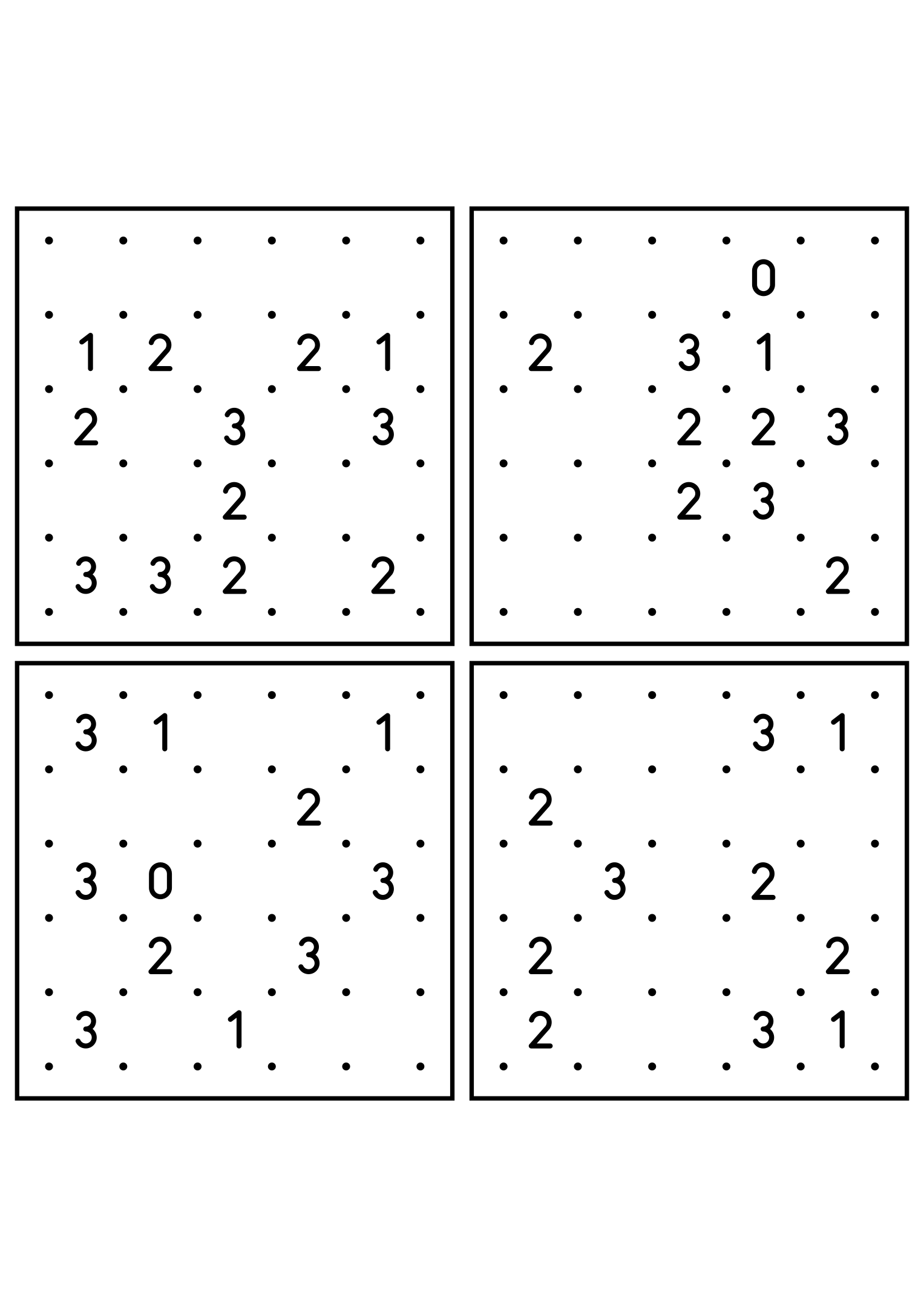 Four medium 5x5 slitherlink grids read with their corner patterns. Level: Medium, 4 puzzles per page. Variant 6.