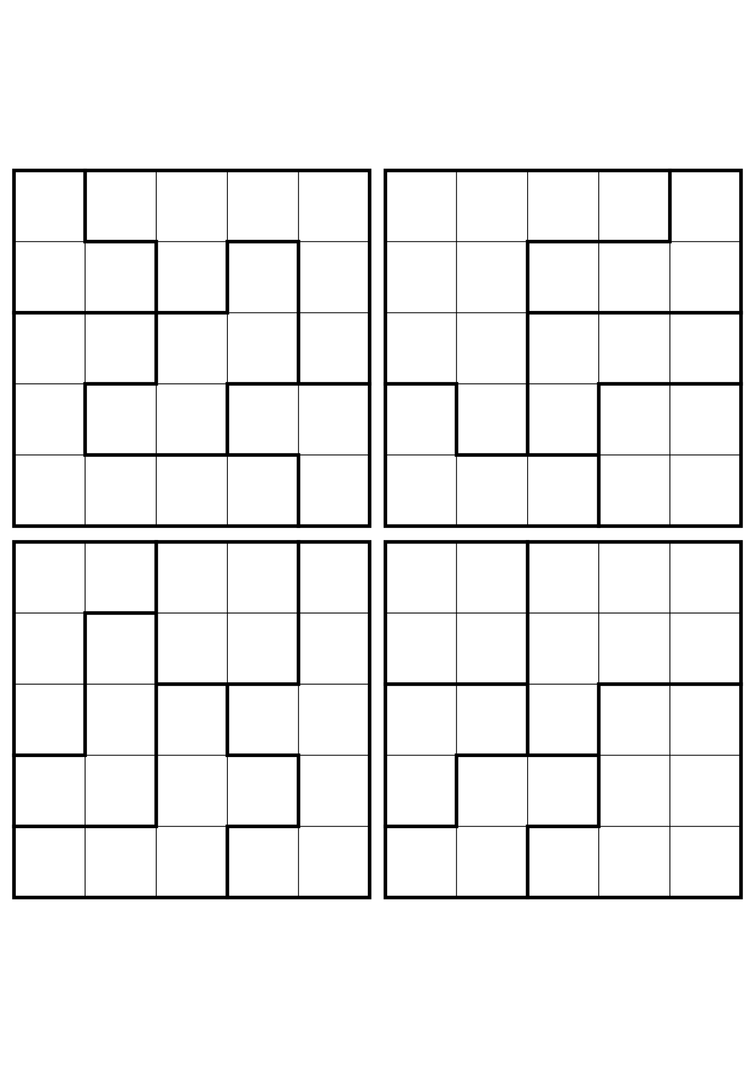 Four medium 5x5 star battle grids that need regions read together. Level: Medium, 4 puzzles per page. Variant 1.