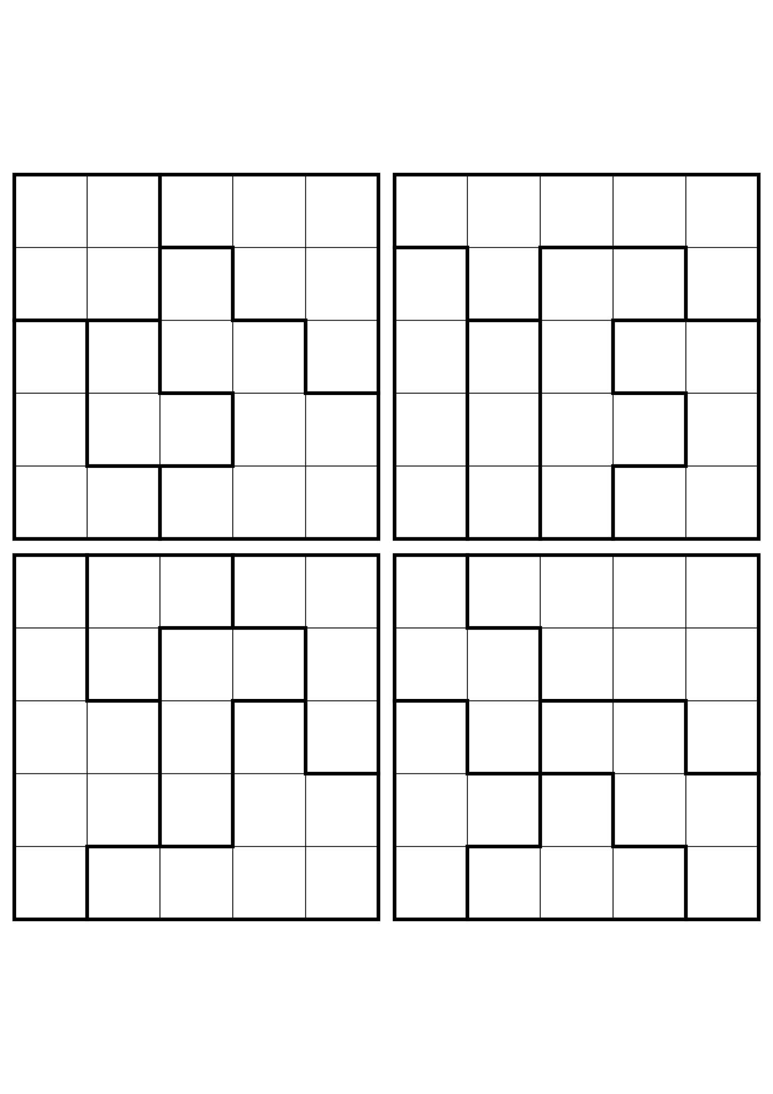 Four medium 5x5 star battle grids that need regions read together. Level: Medium, 4 puzzles per page. Variant 2.