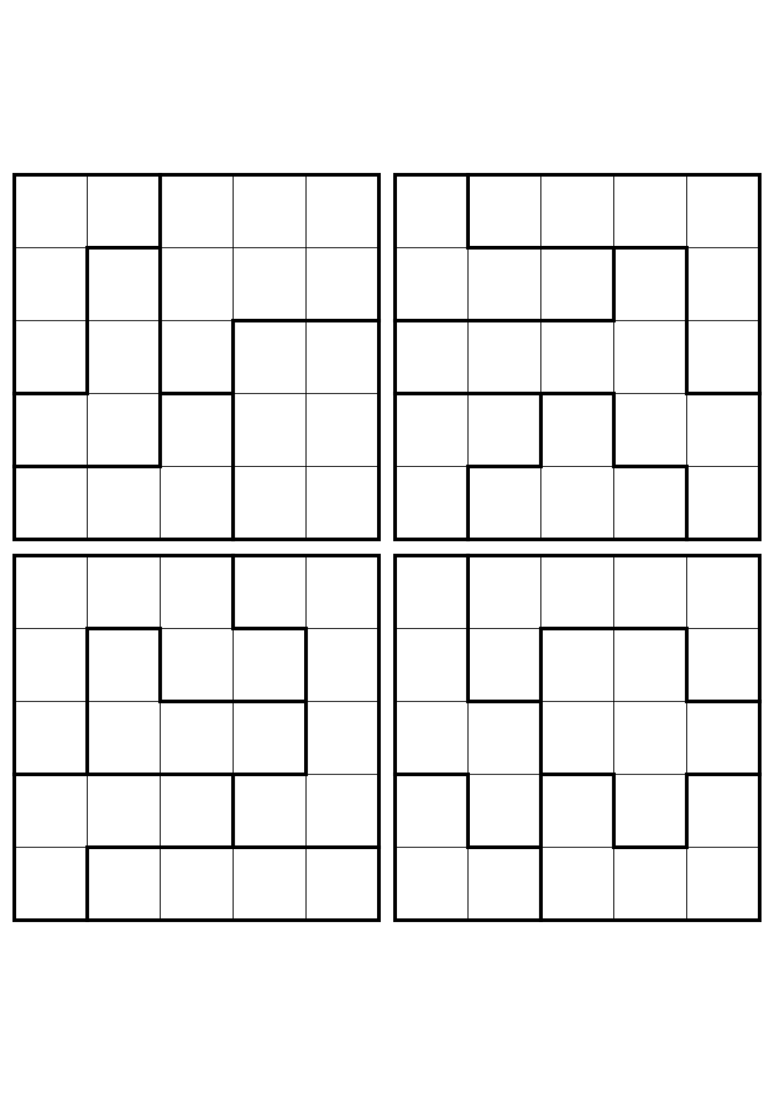 Four medium 5x5 star battle grids that need regions read together. Level: Medium, 4 puzzles per page. Variant 4.
