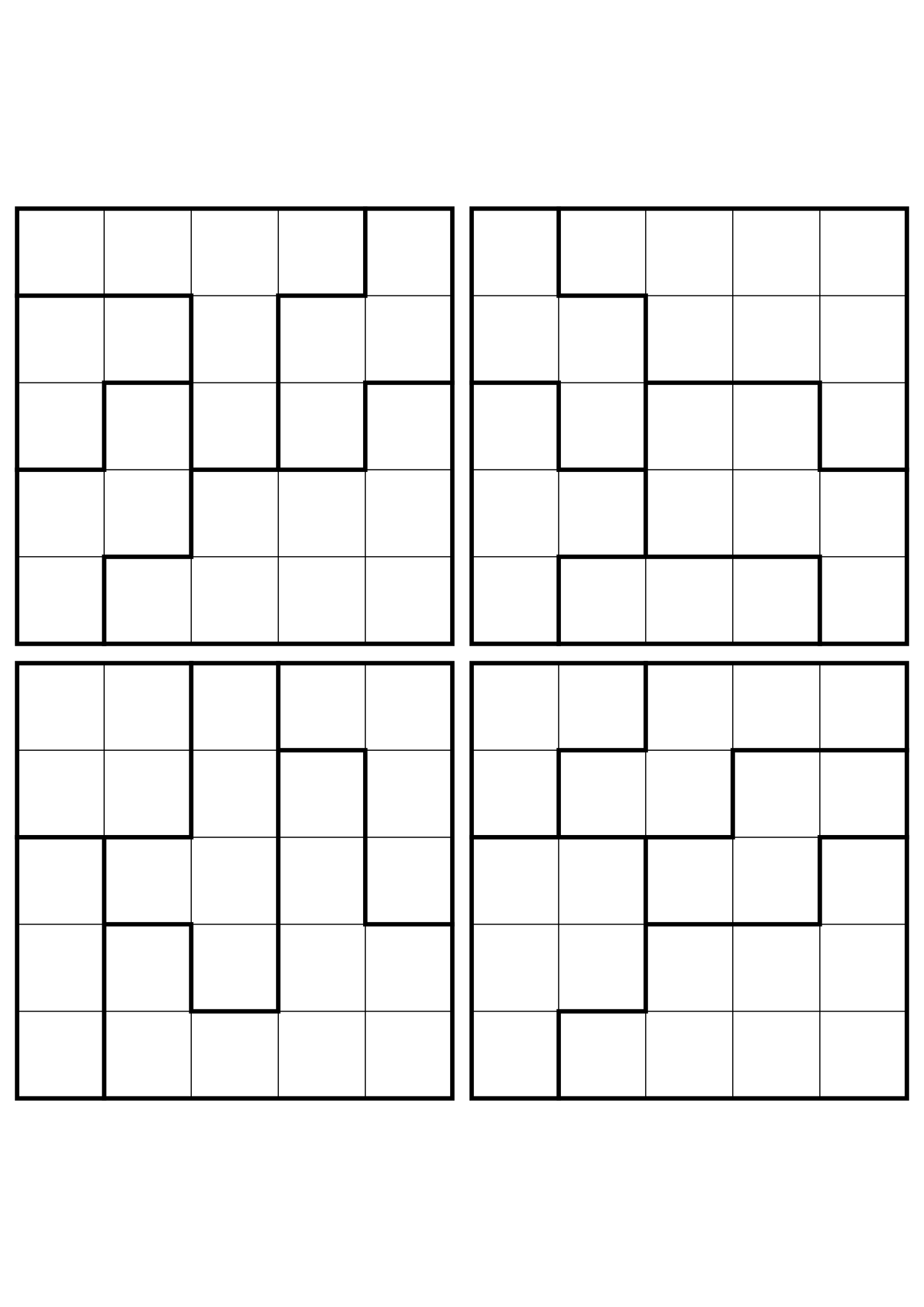 Four medium 5x5 star battle grids that need regions read together. Level: Medium, 4 puzzles per page. Variant 5.
