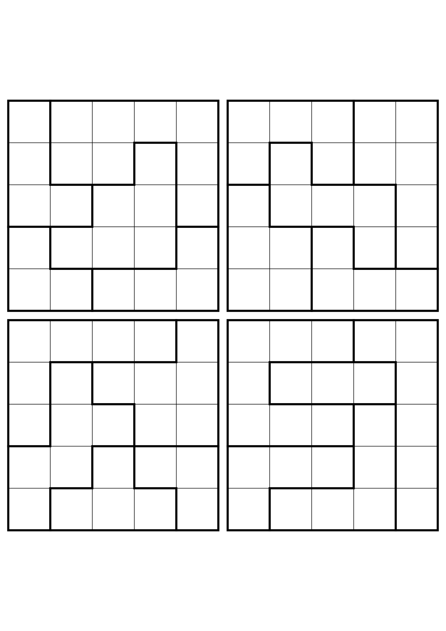 Four medium 5x5 star battle grids that need regions read together. Level: Medium, 4 puzzles per page. Variant 6.