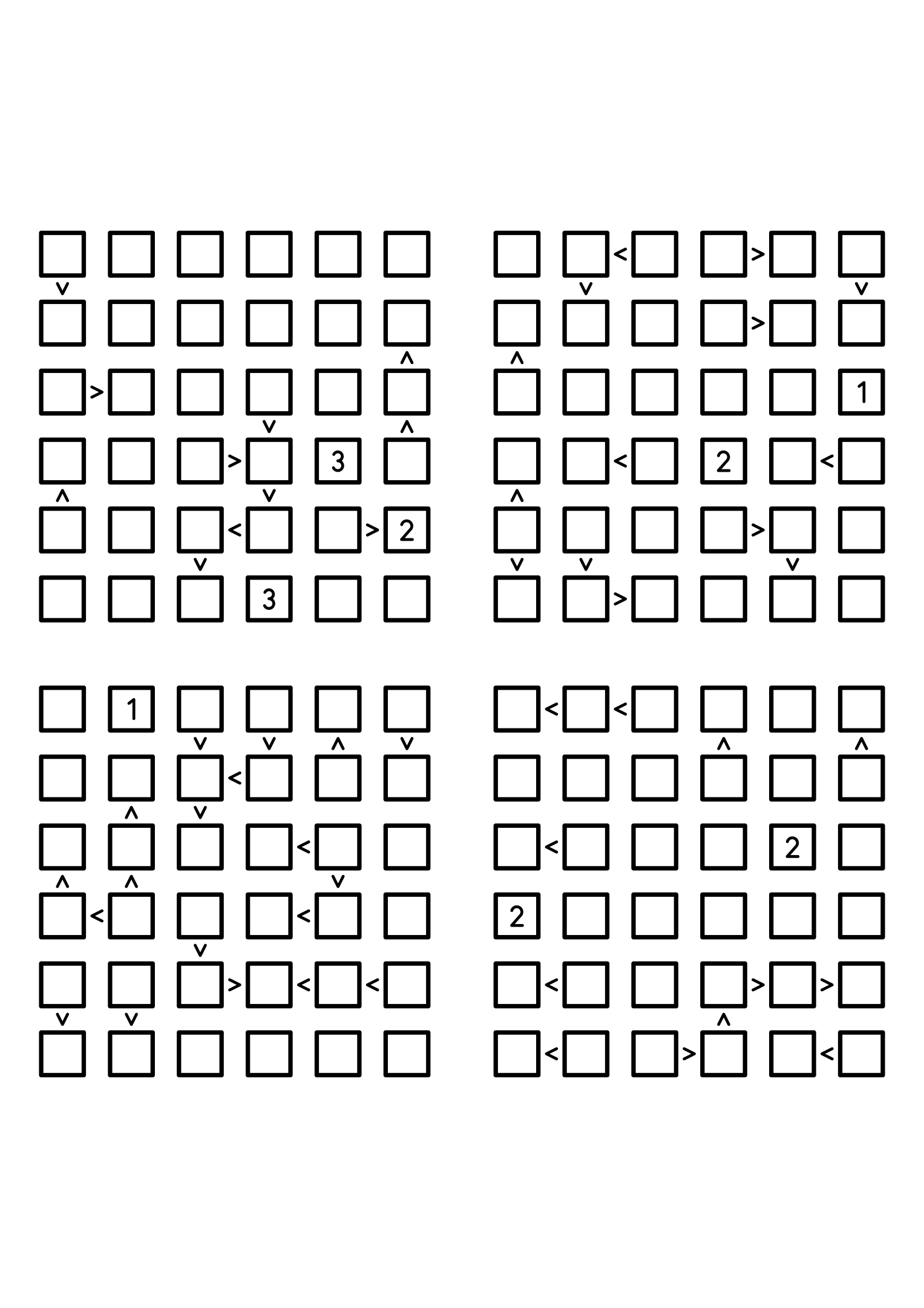 Four medium 6x6 futoshiki grids with few or no given digits and the signs that decide them. Level: Medium, 4 puzzles per page. Variant 1.