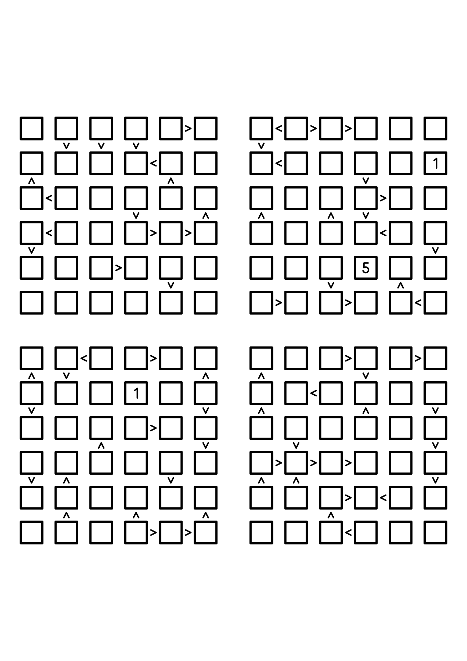 Four medium 6x6 futoshiki grids with few or no given digits and the signs that decide them. Level: Medium, 4 puzzles per page. Variant 2.