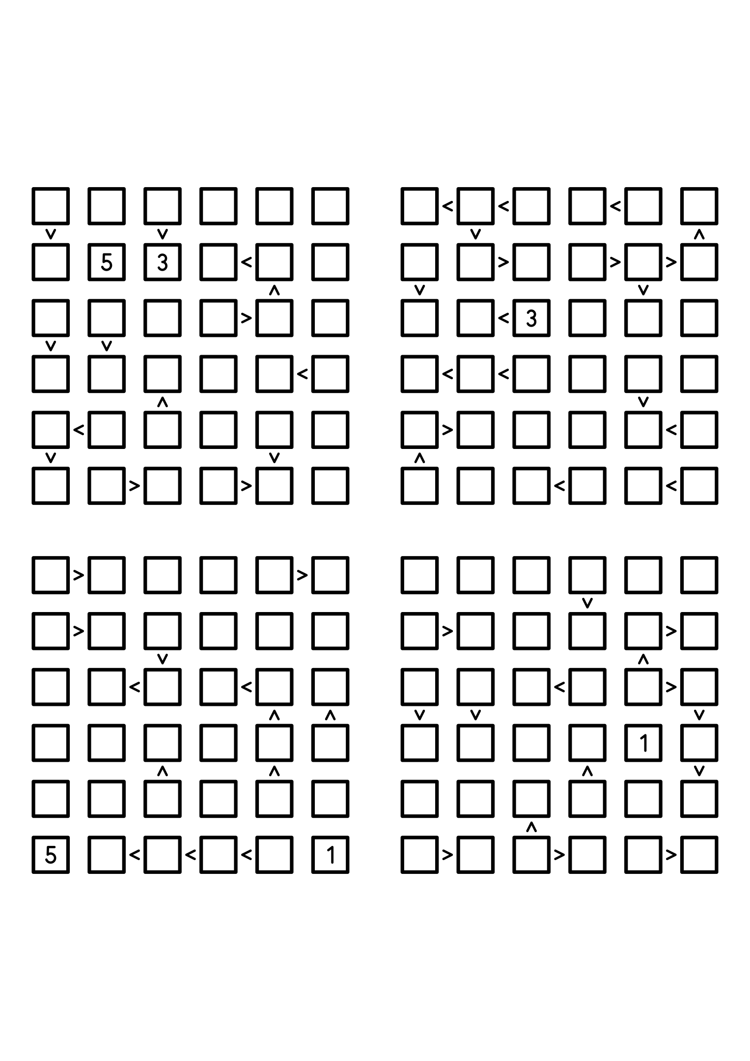 Four medium 6x6 futoshiki grids with few or no given digits and the signs that decide them. Level: Medium, 4 puzzles per page. Variant 3.